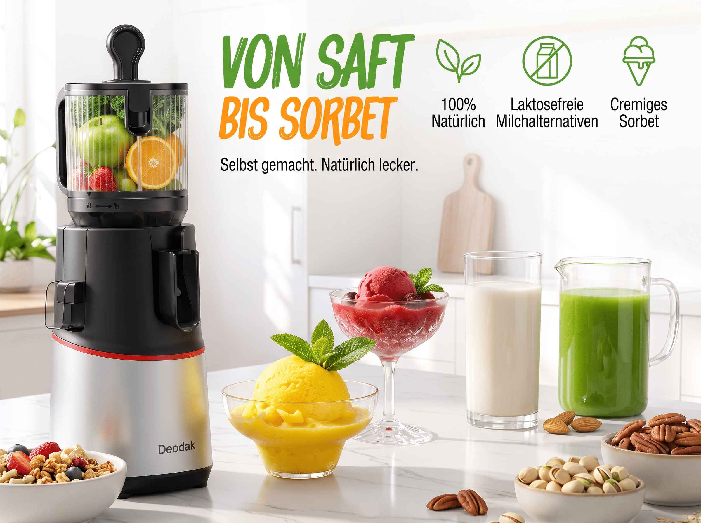 Moderne Saft- und Sorbetmaschine auf weißer Küchenarbeitsplatte mit frischem Obst, Beeren und Nüssen.