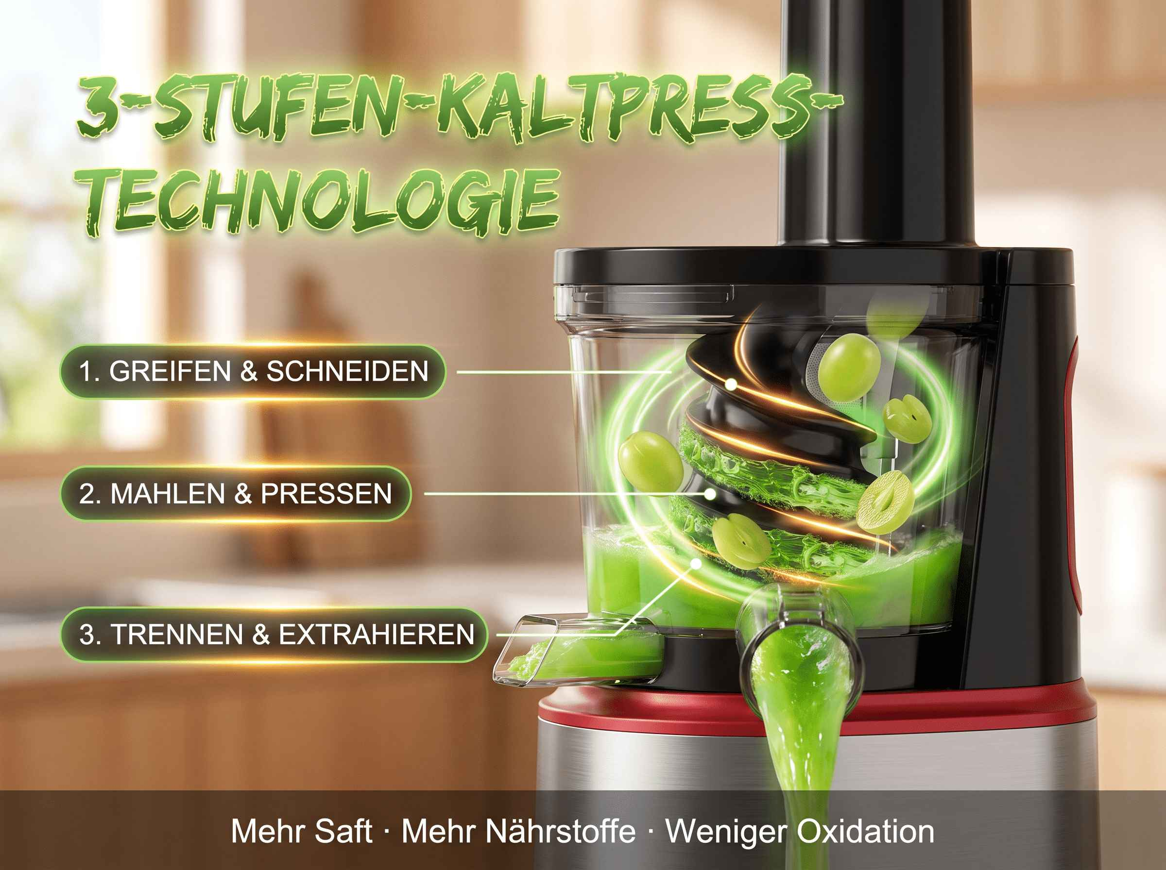 Ein Kaltentsafter zeigt die drei Schritte seiner Press-Technologie mit Trauben und grünem Saft.