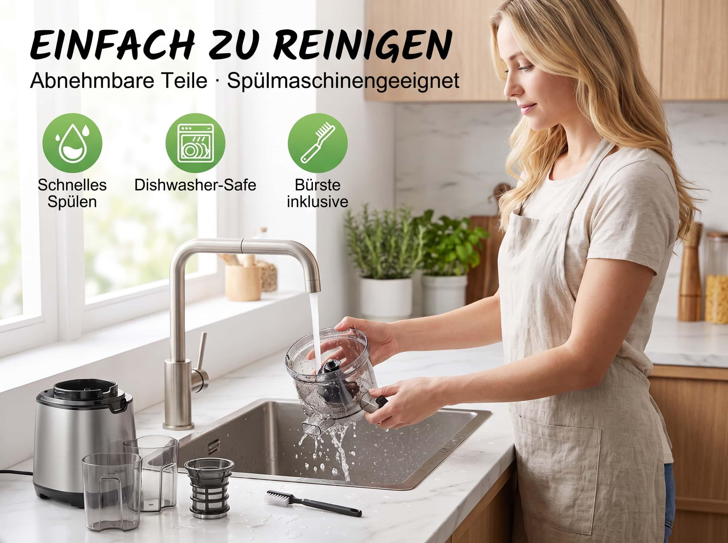 Frau wäscht Entsafterteile in der Spüle mit Symbolen für einfache Reinigung.