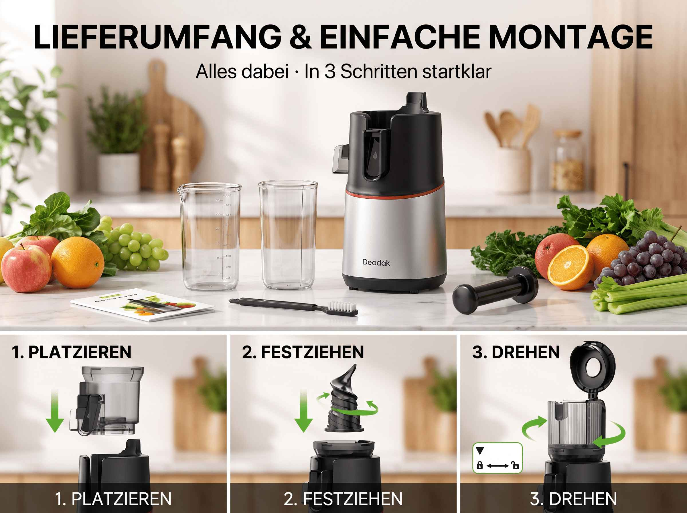 Deodak Entsafter mit Zubehör und Früchten, in drei Schritten montierbar, auf einer Küchentheke.