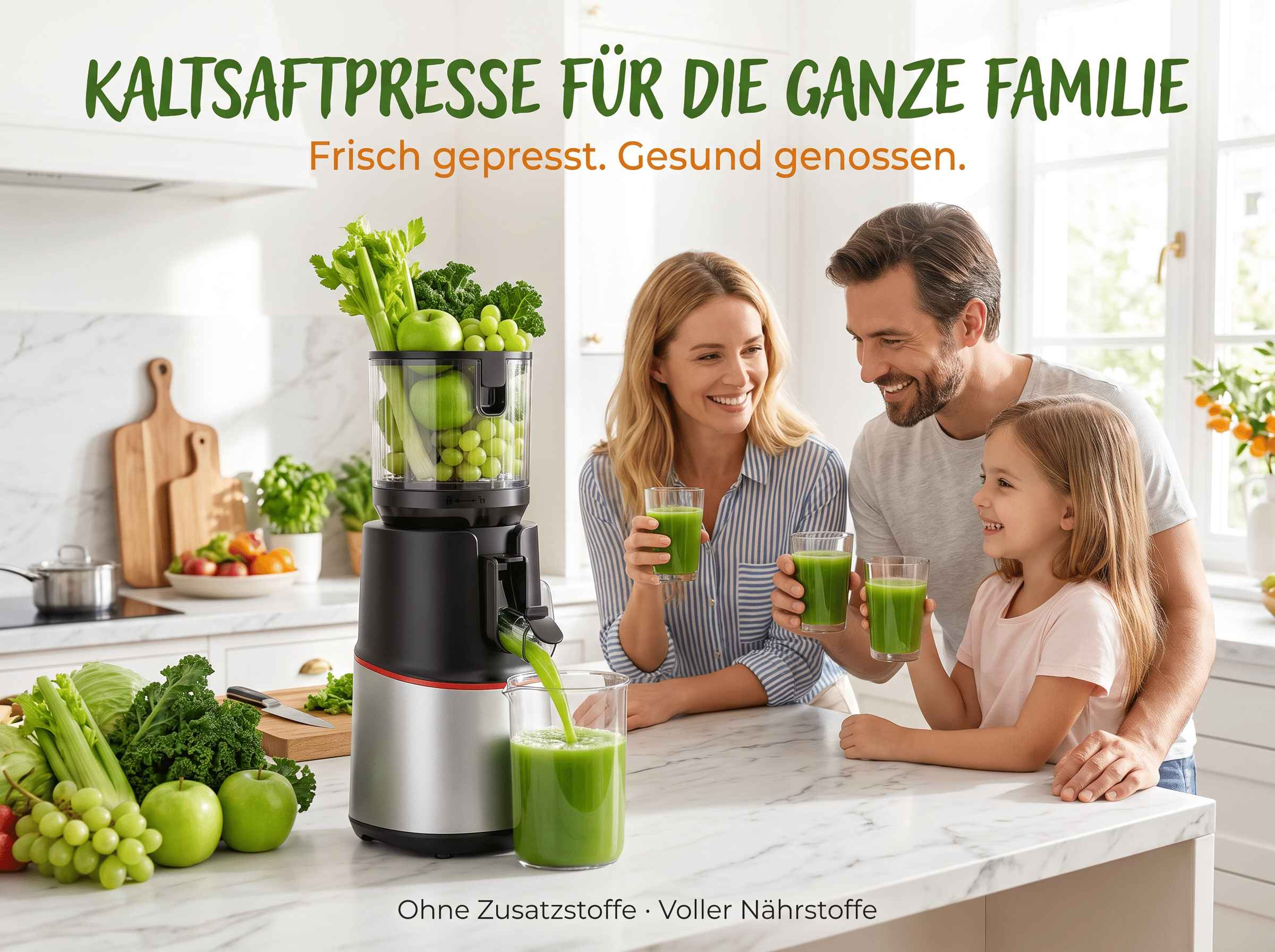 Eine Familie lächelt in der Küche, während eine Saftpresse frischen grünen Saft macht.