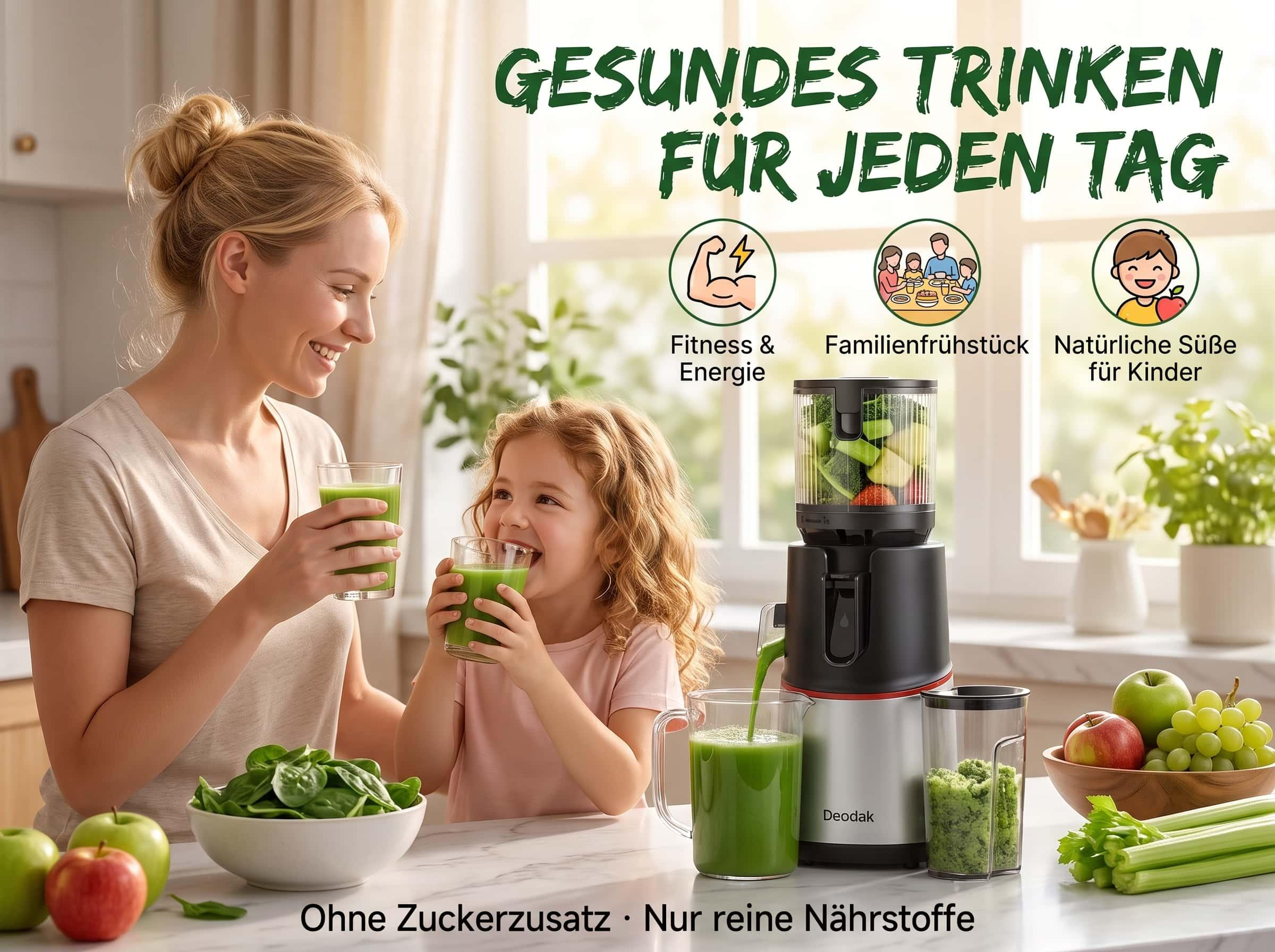 Eine Frau und ein Kind trinken grüne Smoothies neben einem Entsafter in einer Küche mit Obst und Gemüse.