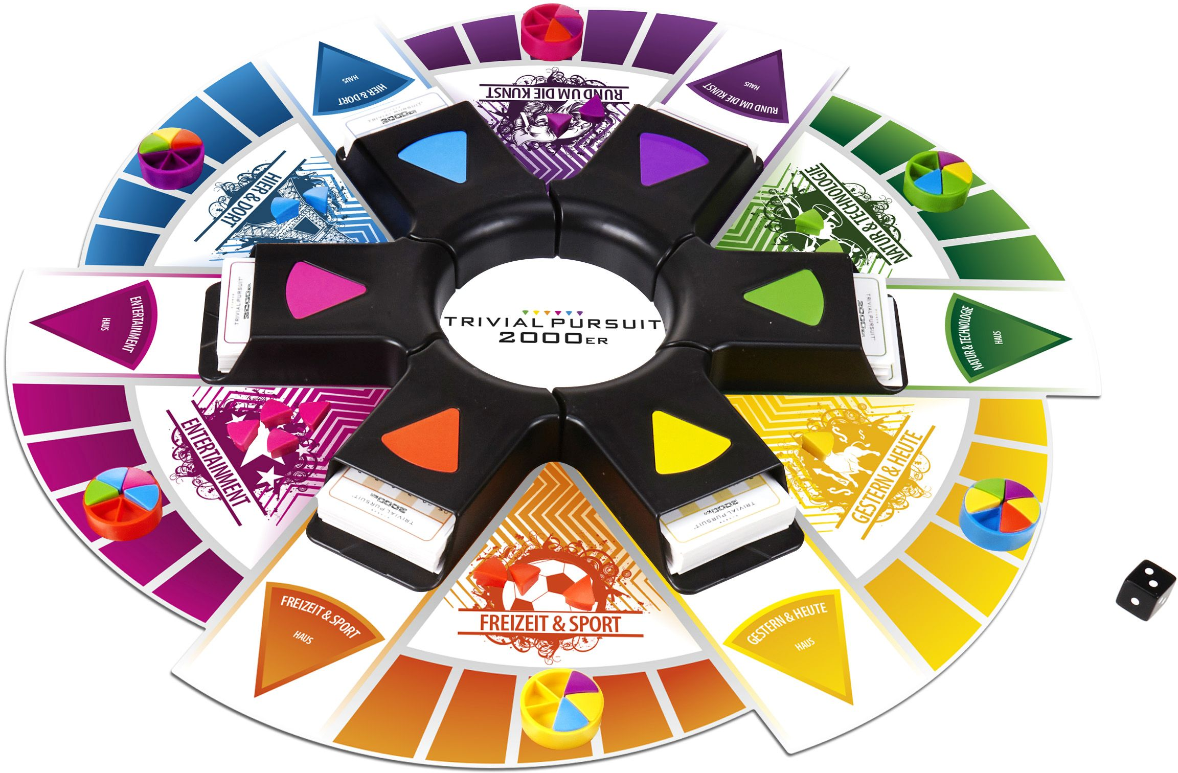 Trivial Pursuit 2000er Spielbrett mit bunten Kategorien, Kartenhaltern und einem schwarzen Würfel.