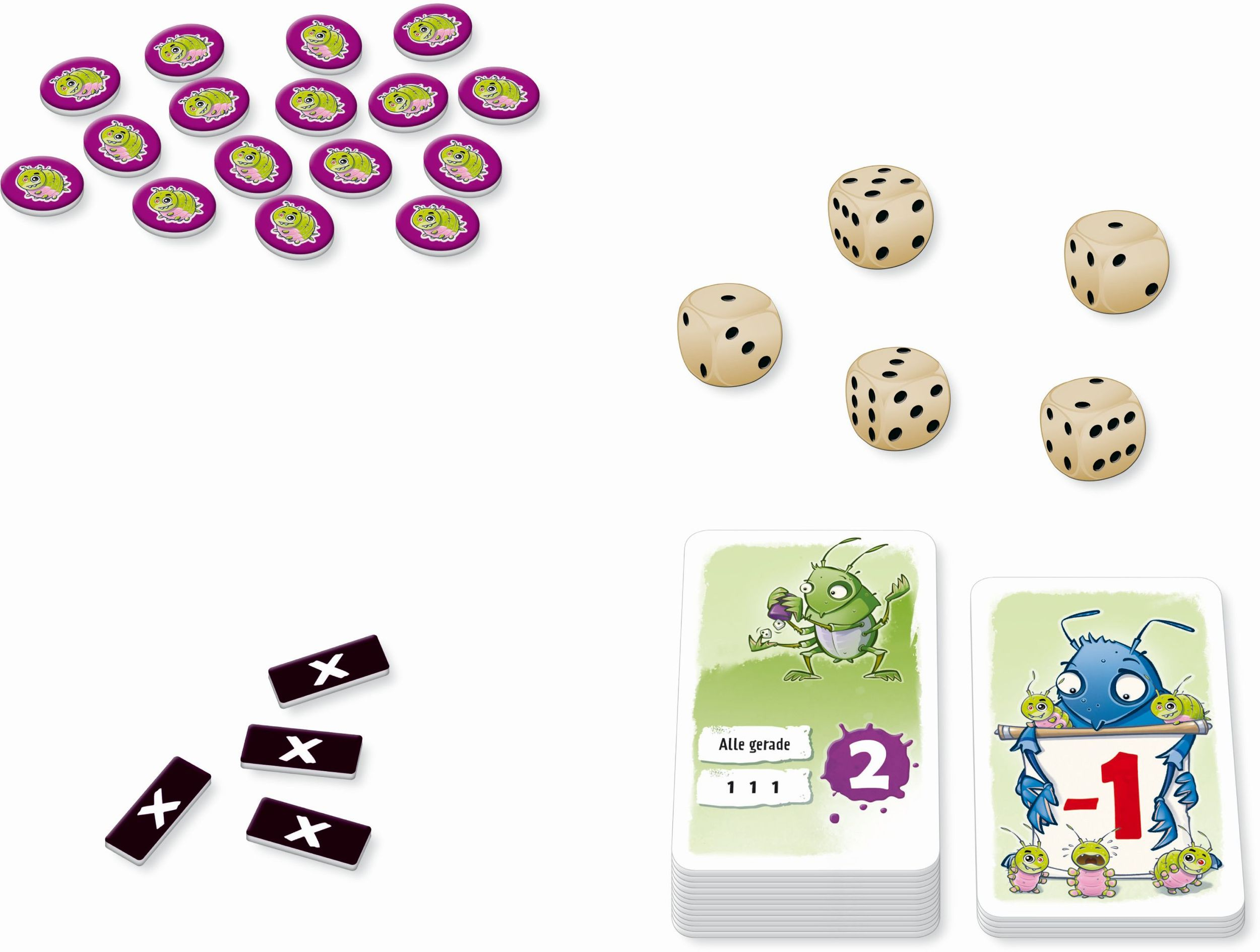 Spielkomponenten: lila Chips mit Raupen, weiße Würfel, schwarze X-Marker und zwei Spielkartenstapel mit Cartoon-Figuren.