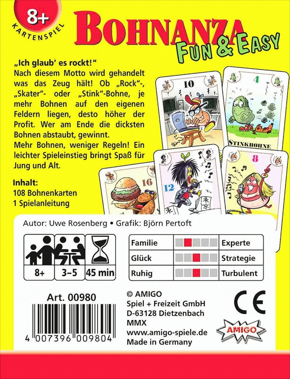 Rückseite der Bohnanza Easy Kartenspielbox mit Regeln, Bohnen-Illustrationen und Spieldaten.