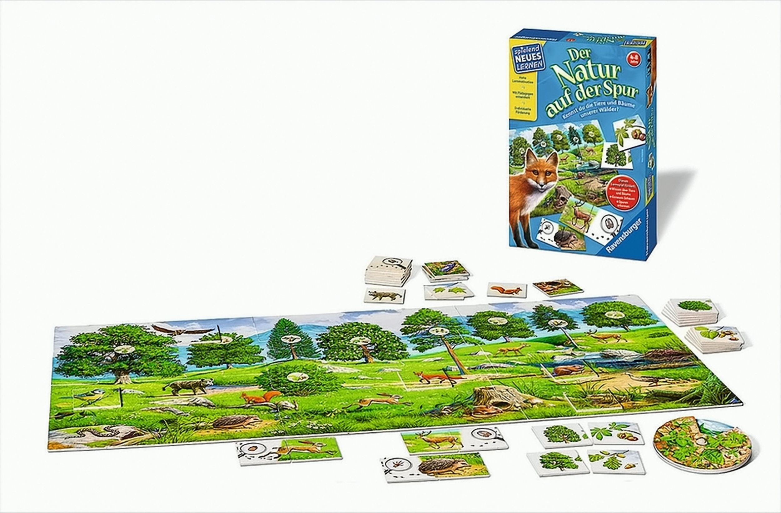 Ravensburger Brettspiel 'Der Natur auf der Spur' mit Spielplan, Box und vielen kleinen Tier- und Pflanzenkärtchen.