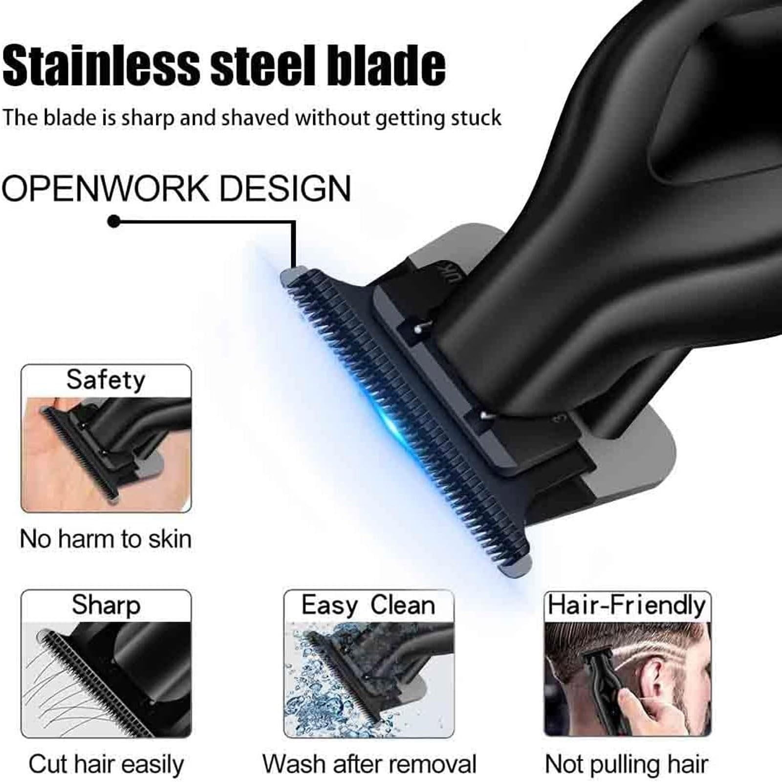 Ein Haarschneider mit Edelstahlklinge, offenem Design und vier kleinen Bildern, die Sicherheit und Pflege zeigen.