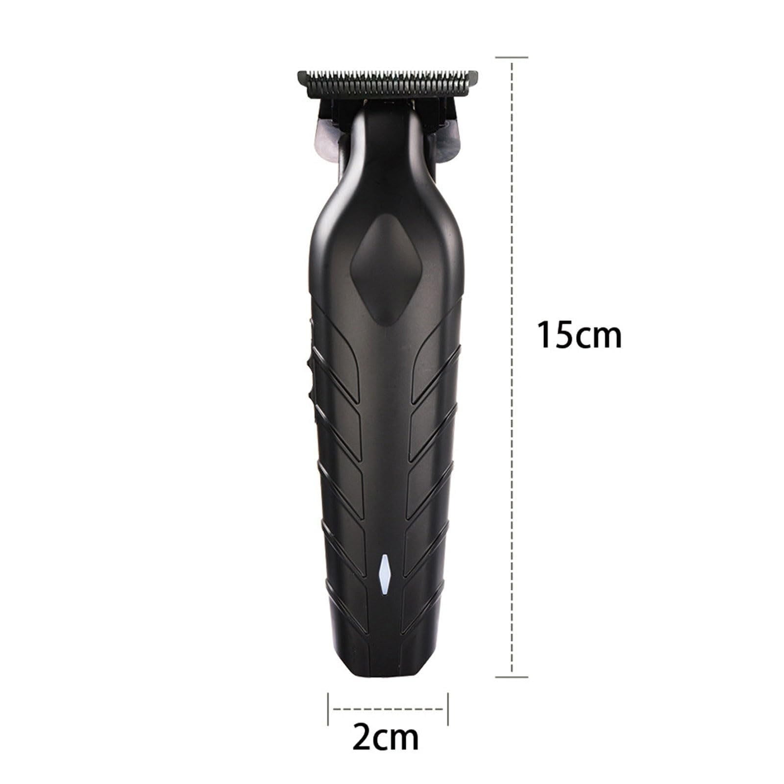 Schwarzer Haarschneider mit den Maßen 15 cm Höhe und 2 cm Breite vor weißem Hintergrund.