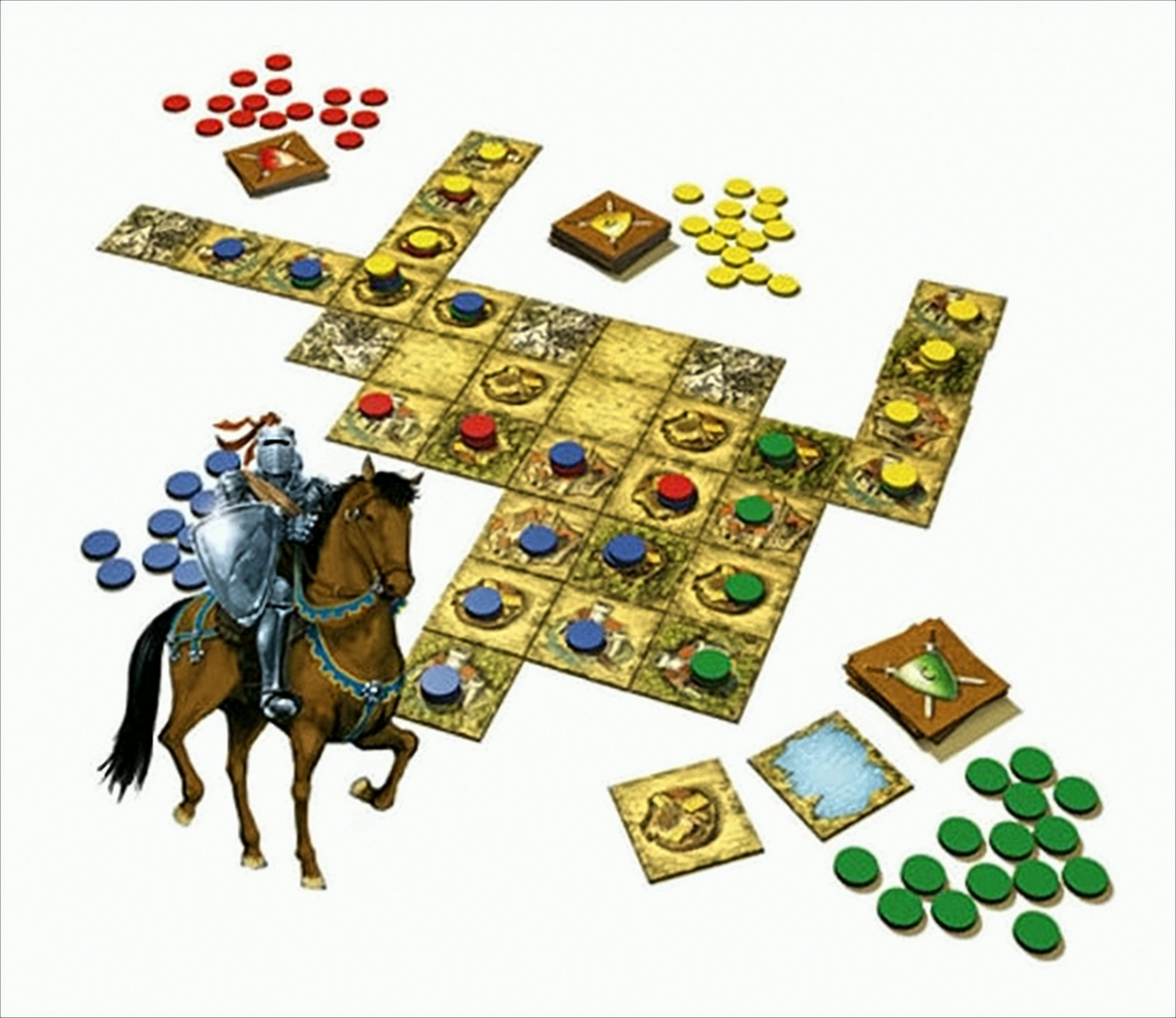Ein mittelalterliches Brettspiel mit Spielfeldern, farbigen Chips und einer Ritterfigur auf einem braunen Pferd.