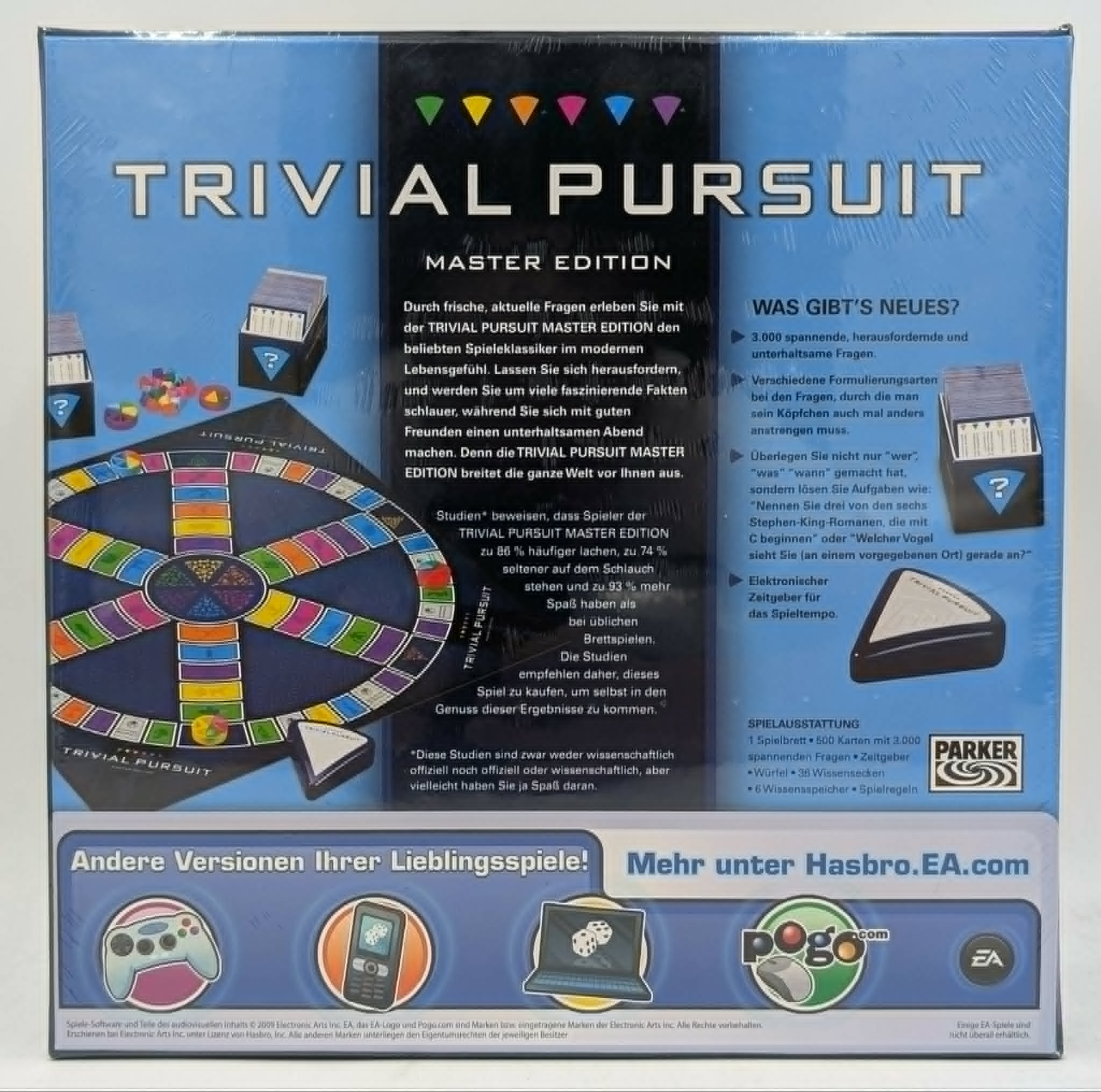 Rückseite der Trivial Pursuit Master Edition Brettspielschachtel mit Spielbrett und Text.