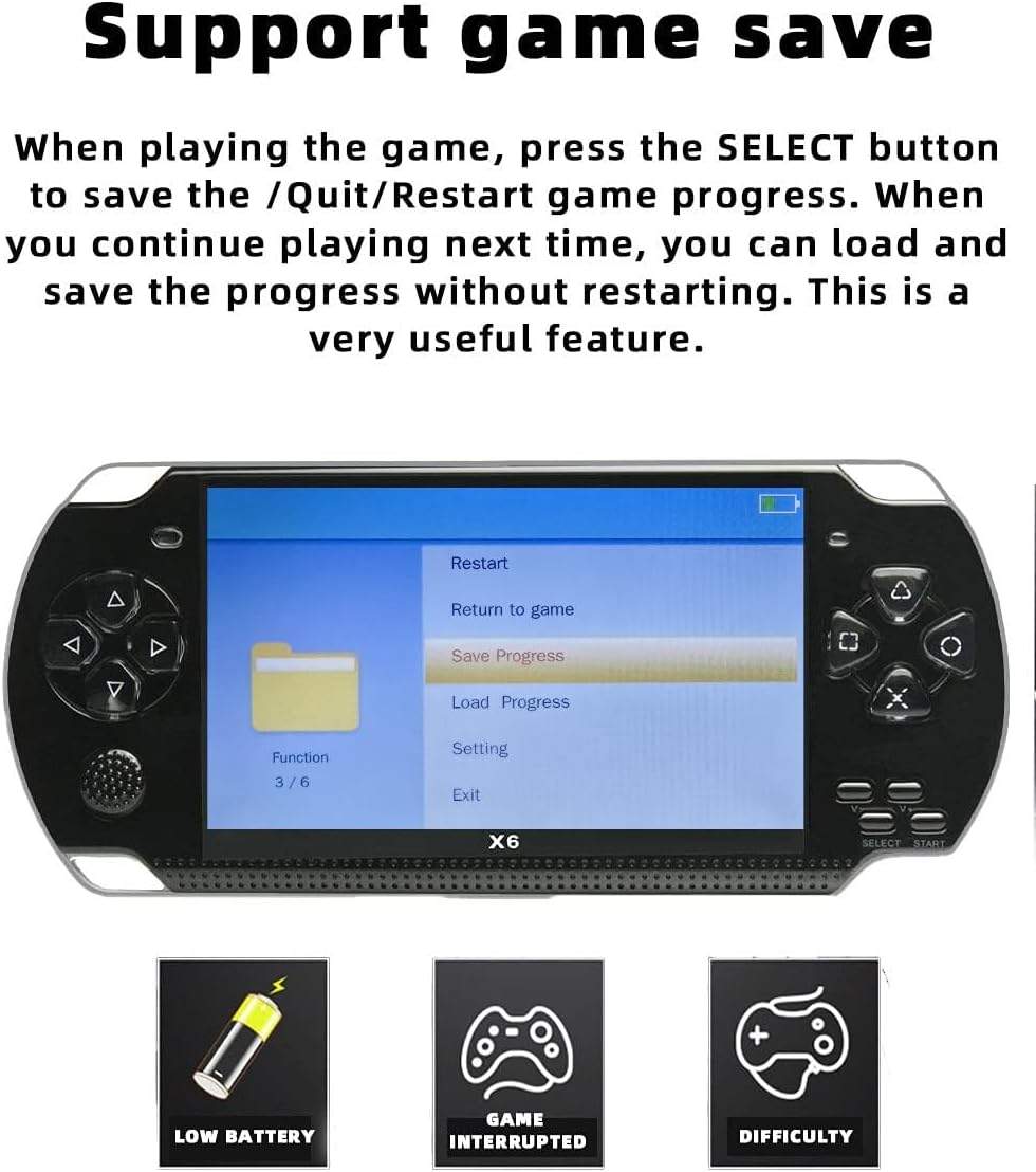 Anleitung zum Speichern auf einer Handheld-Konsole mit Symbolen für niedrige Batterie, unterbrochenes Spiel und Schwierigkeit.