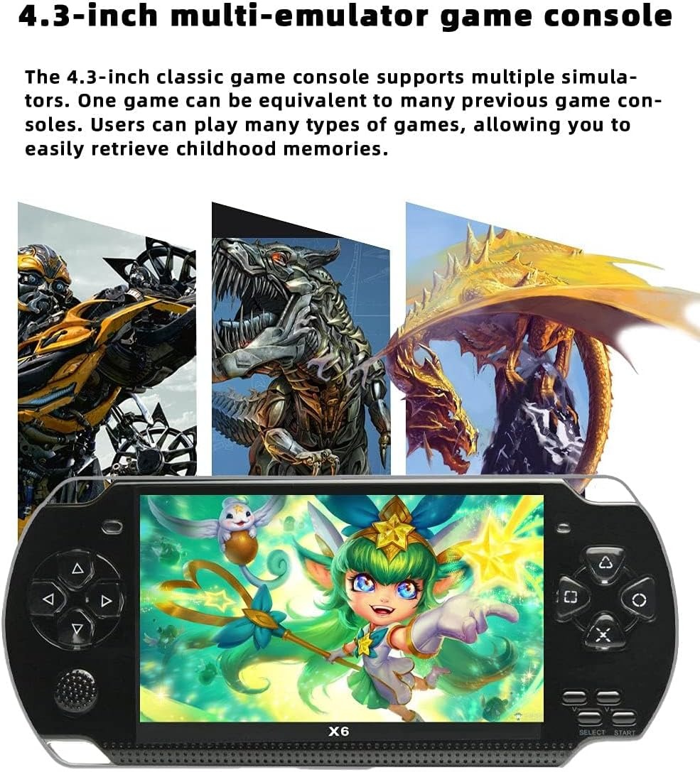 Eine Handheld-Spielekonsole zeigt ein Fantasy-Spiel, darüber sind Roboter- und Drachengrafiken abgebildet.