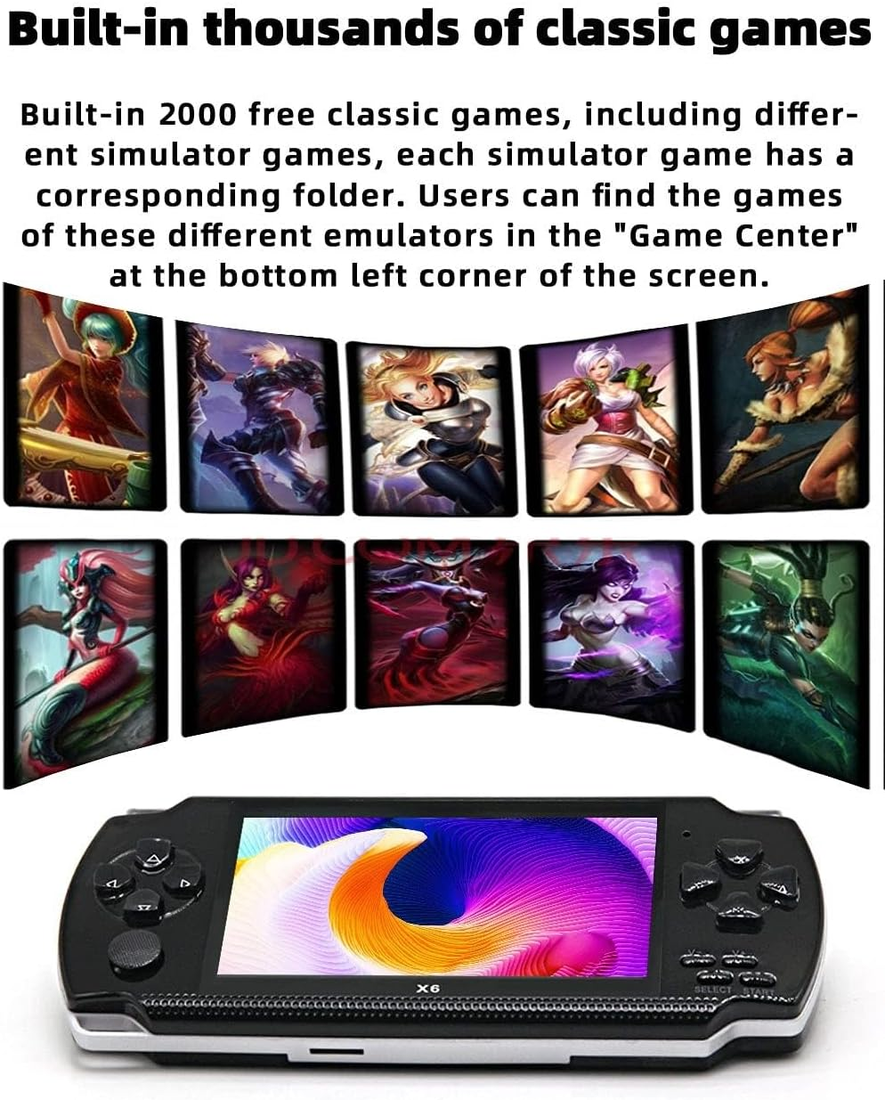 Handliche Spielekonsole mit farbigem Display und verschiedenen animierten Charakterbildern.