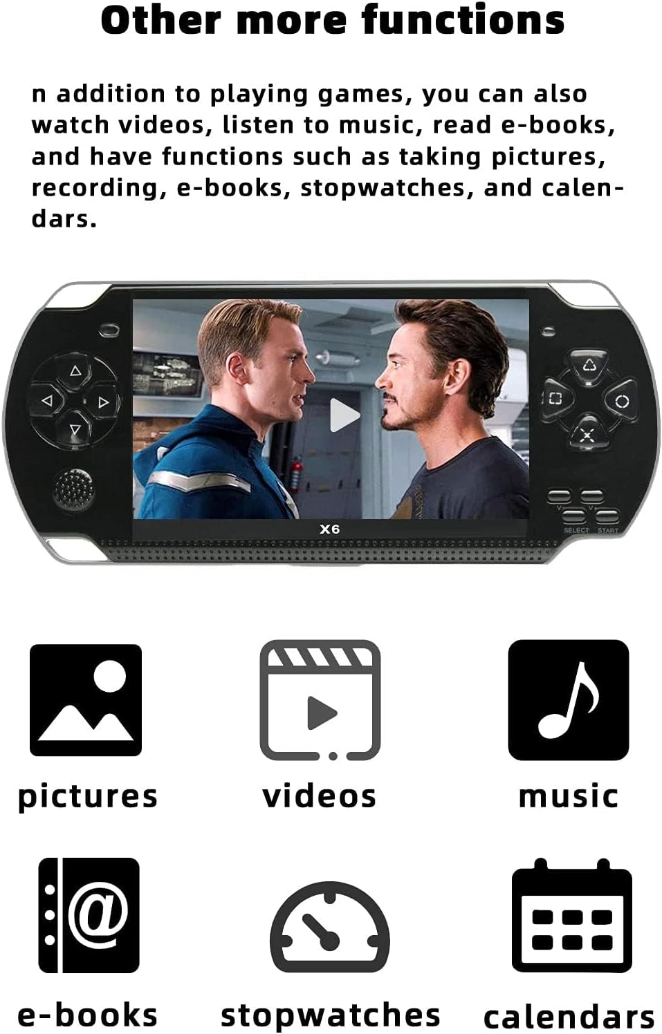 Handheld-Spielkonsole mit Medienfunktionen, Text und Symbolen für Fotos, Videos, Musik, E-Books und mehr.
