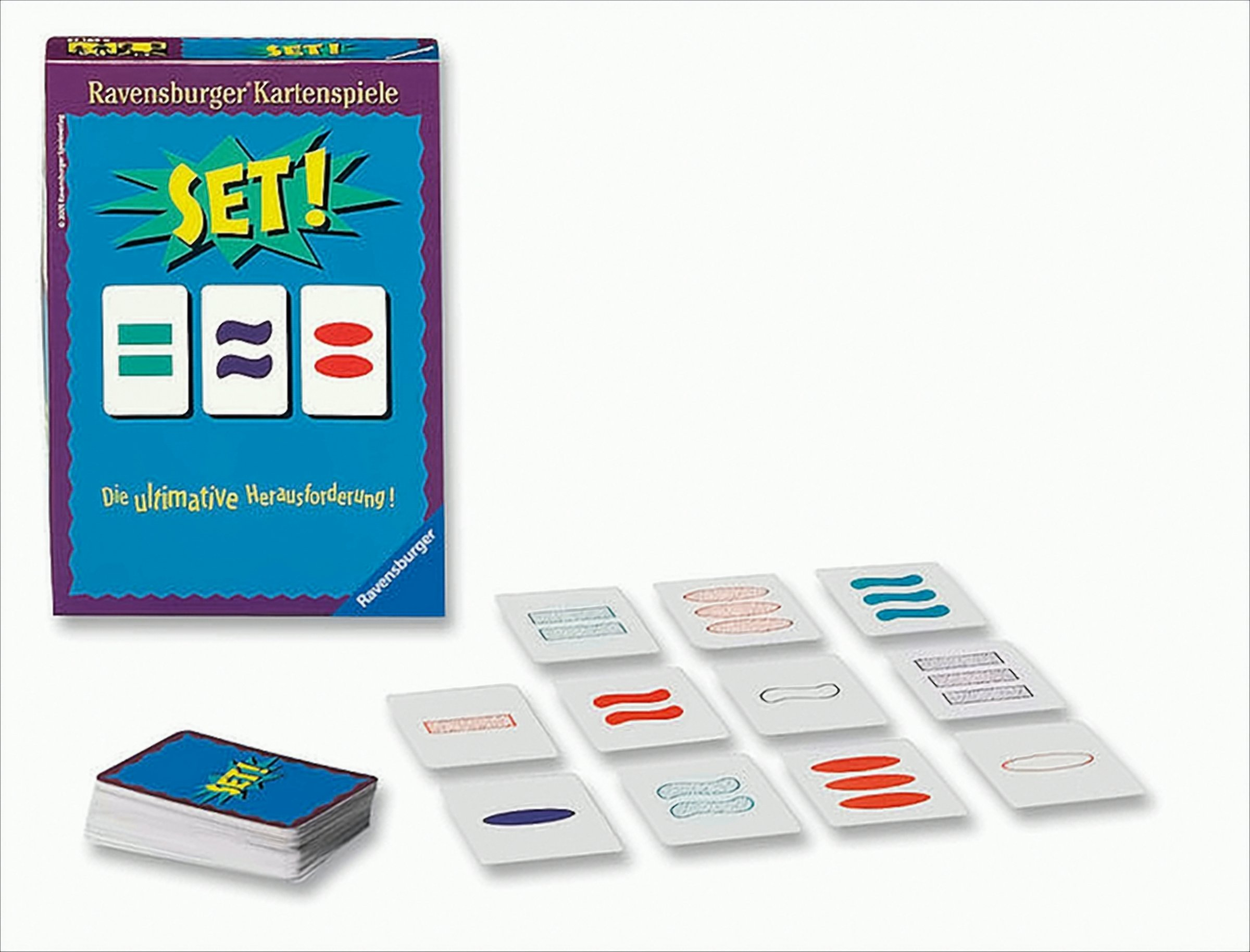 Das Kartenspiel SET! von Ravensburger mit Spielverpackung, einem Kartenstapel und ausgelegten Karten auf weißem Hintergrund.
