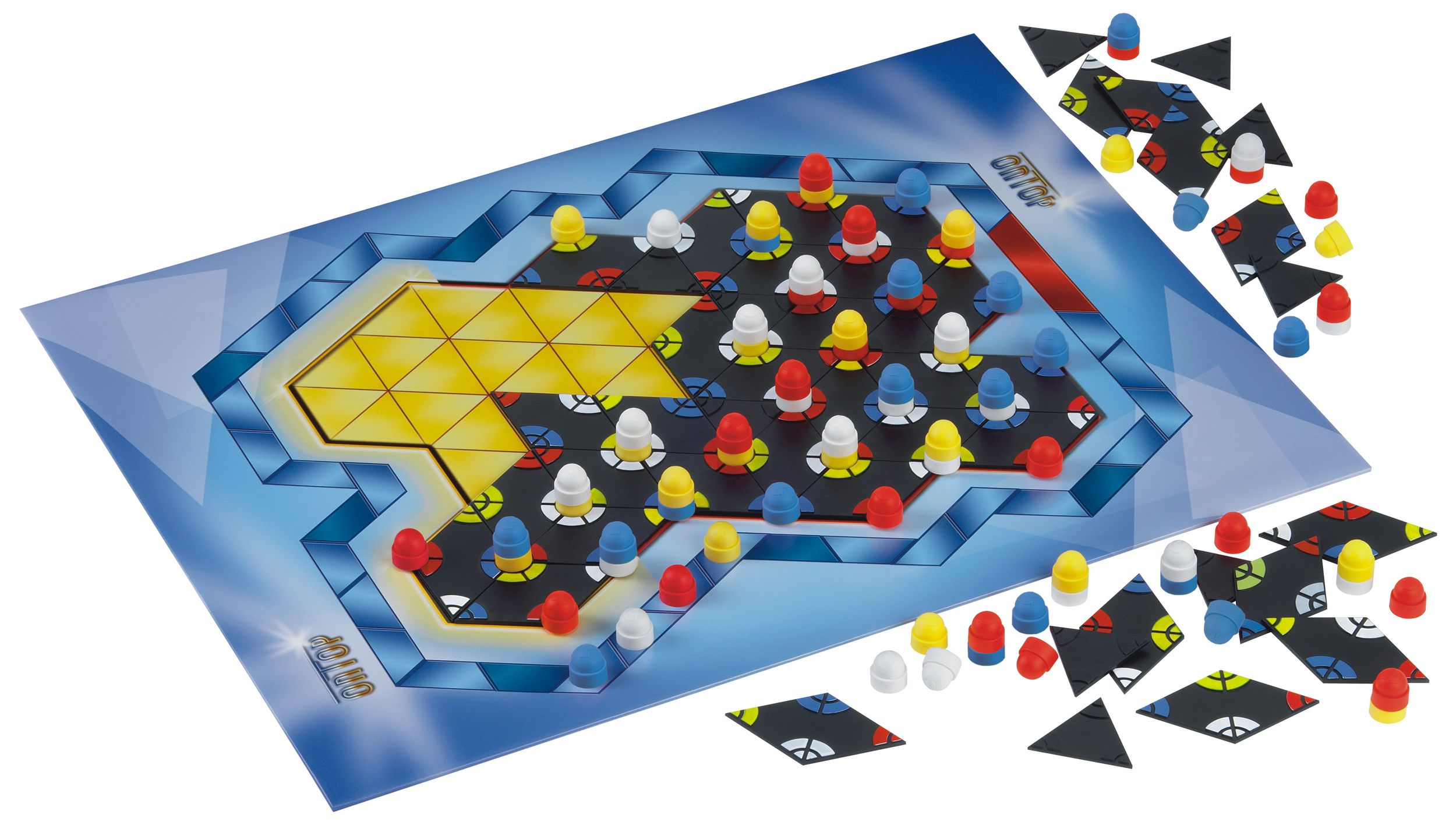 Ein Brettspiel mit Sechseckgitter, farbigen Stiften und Plättchen auf blauem Grund.