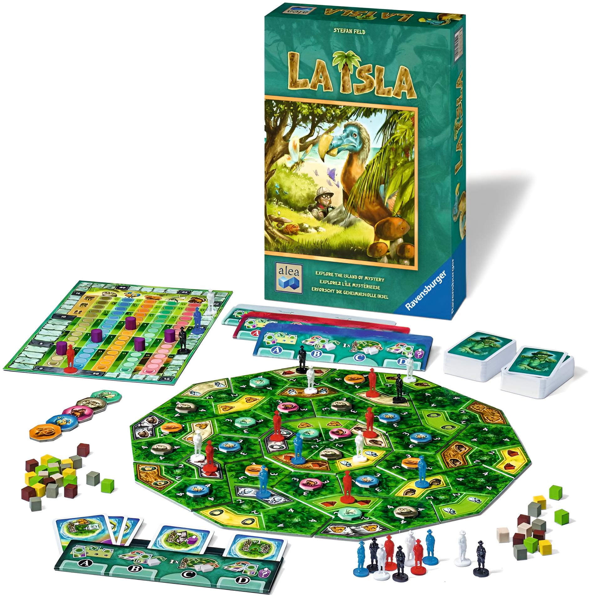 La Isla Brettspiel mit grünem achteckigem Spielplan, Schachtel, Karten, Spielfiguren und Holzwürfeln.
