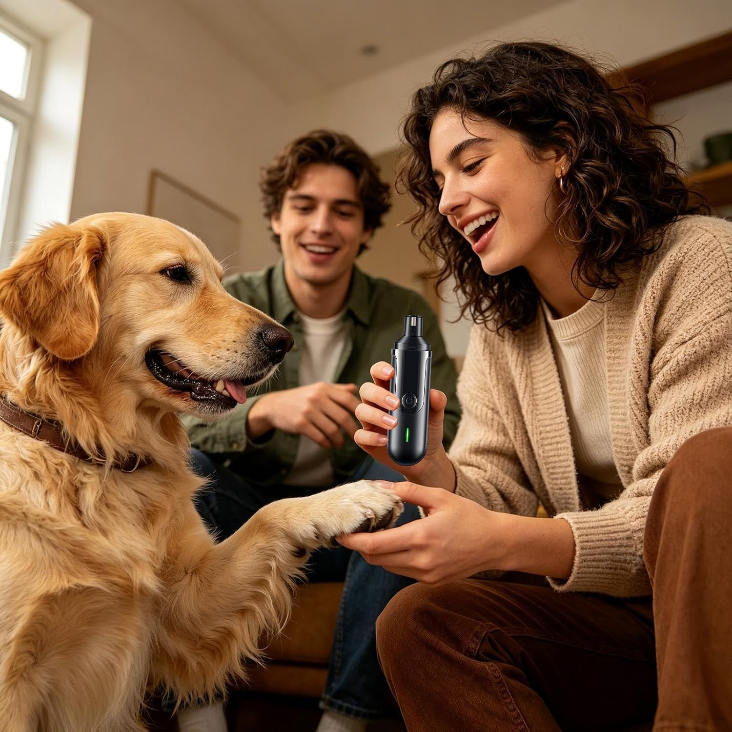 Eine Frau hält einen Nagelschleifer und berührt die Pfote eines Golden Retrievers, während ein Mann lächelt.