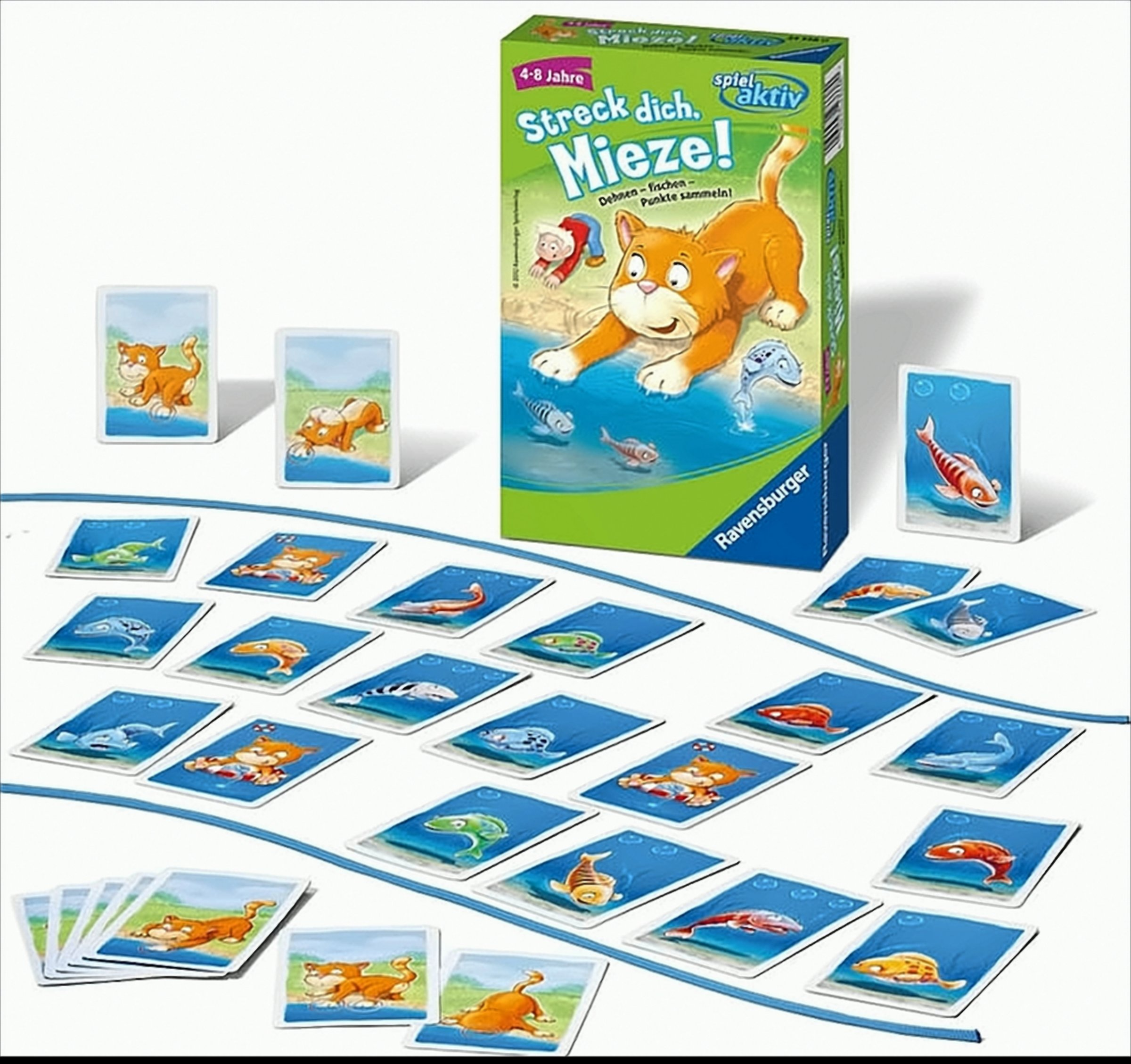Ravensburger-Kinderspiel Streck dich Mieze, mit Spielschachtel, Karten und einer blauen Leiste auf weißem Grund.