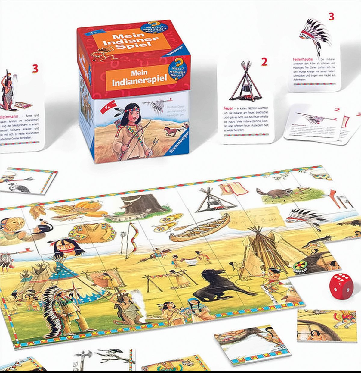 Ein Brettspiel mit buntem Karton, Spielkarten, einem roten Würfel und einem flachen, illustrierten Spielfeld auf weißem Grund.