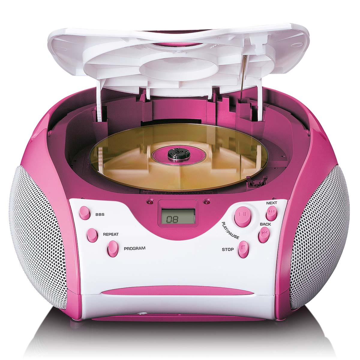 Lettore CD portatile rosa e bianco con scomparto aperto e display digitale.