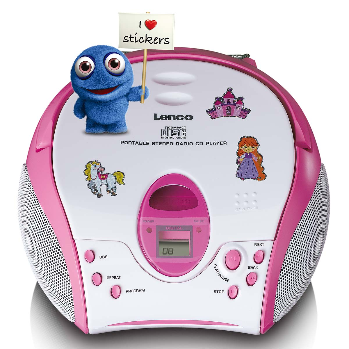 Un lettore CD Lenco bianco e rosa decorato con adesivi e un mostriciattolo blu.
