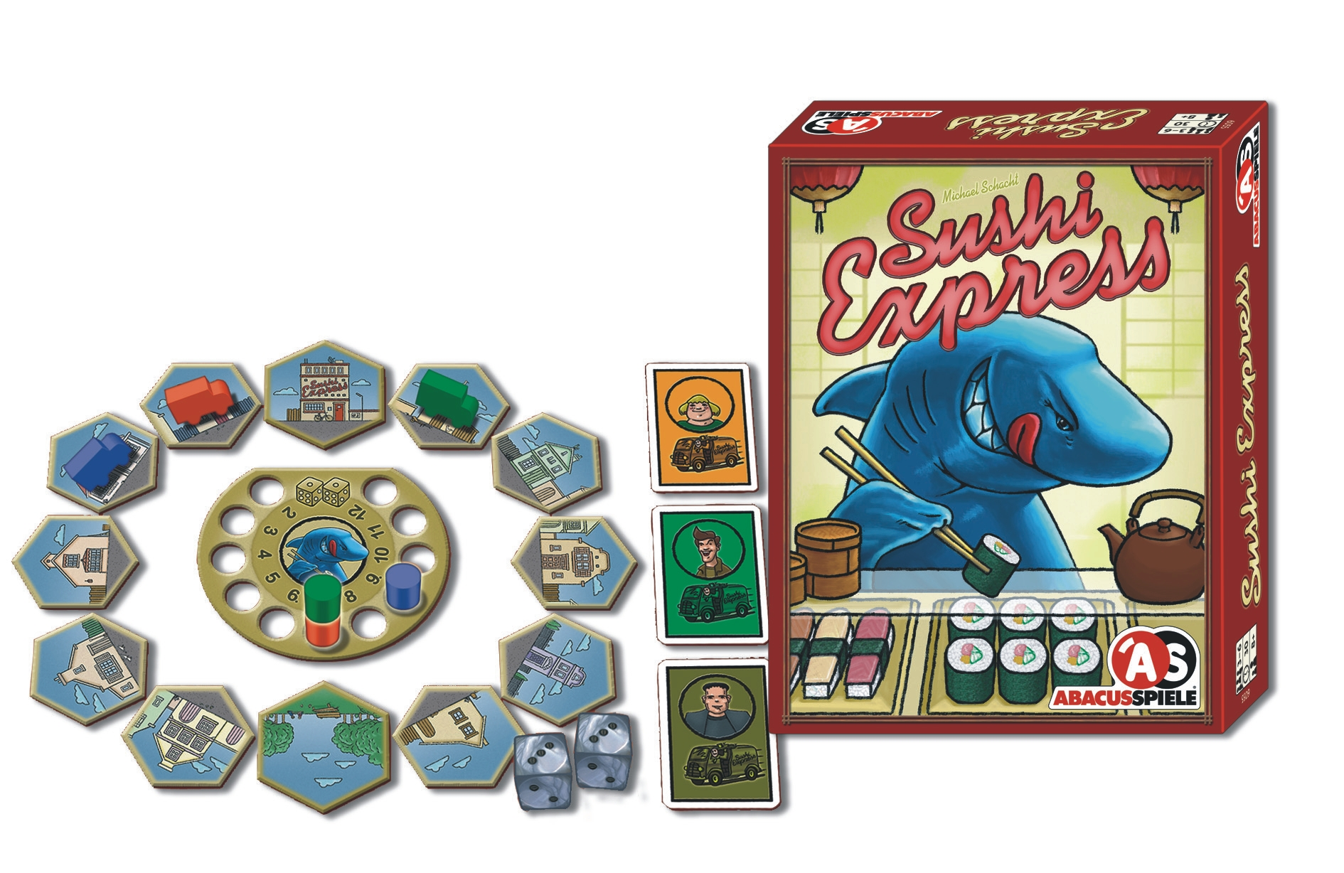 Sushi Express Brettspielbox, Spielplan aus Sechsecken, farbigen Zylindern, Karten und zwei Würfeln auf weißem Hintergrund.
