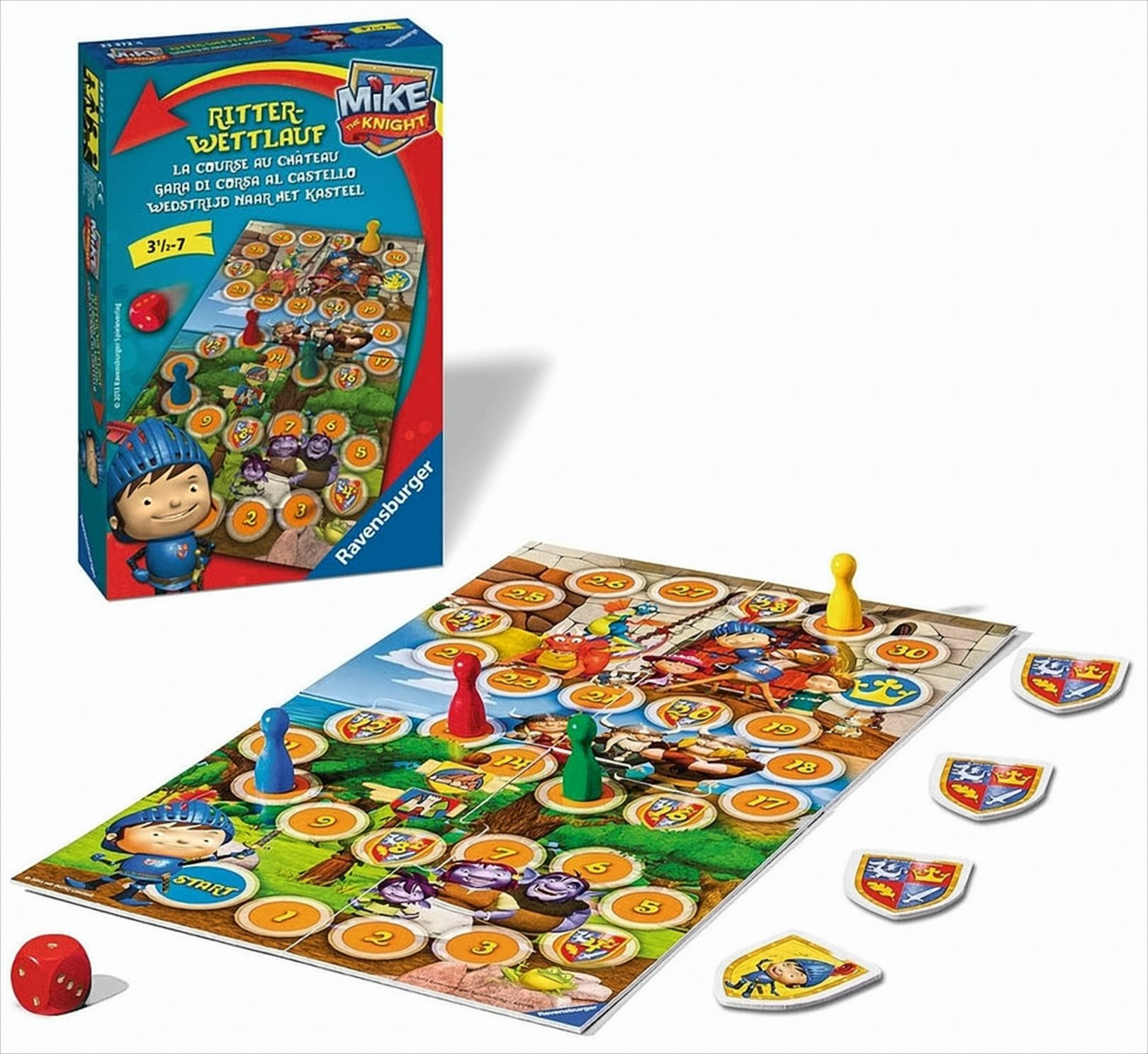 Mike the Knight Brettspiel mit Box, farbigen Figuren, Würfel und Spielplan.