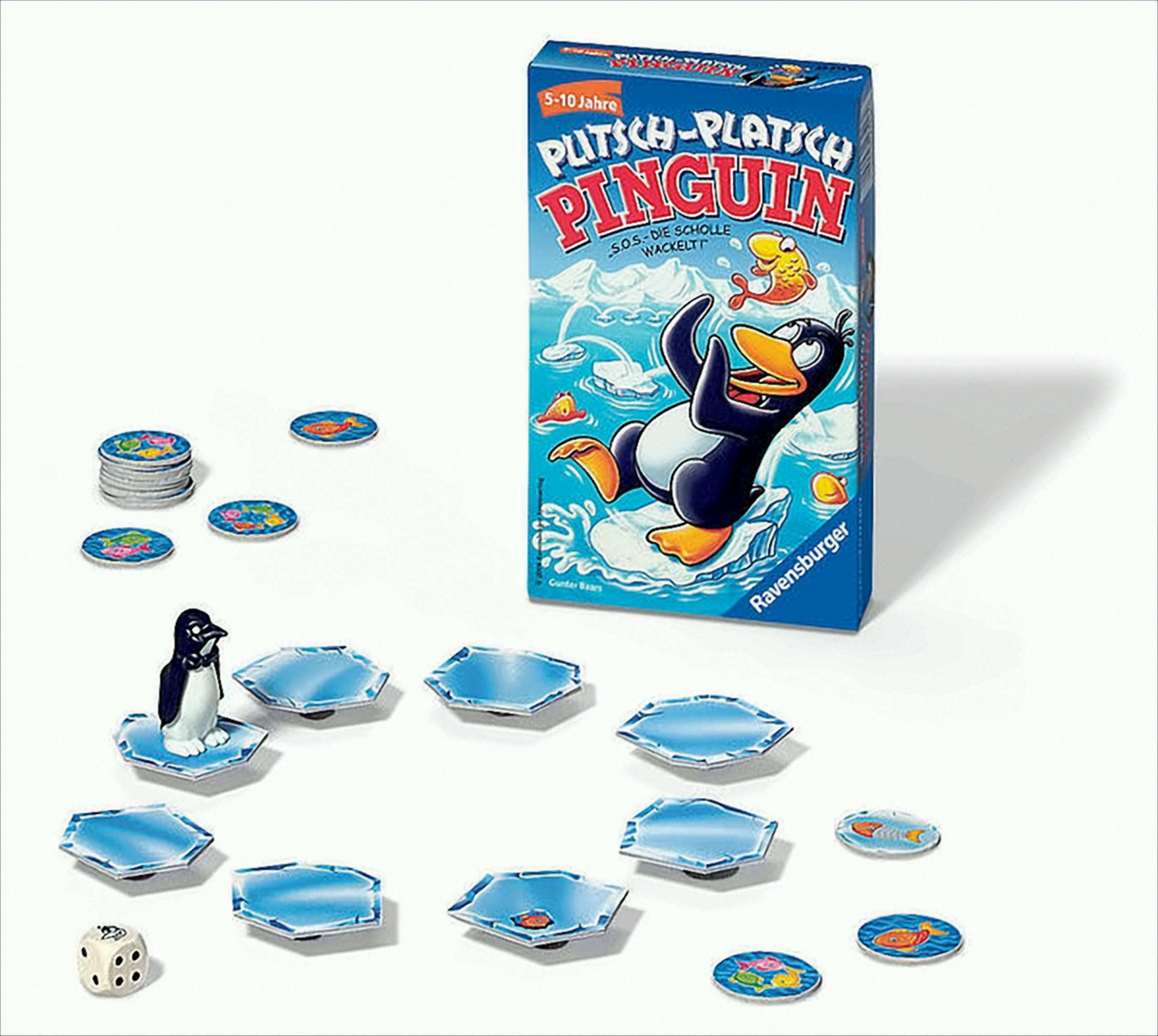 Ravensburger Brettspiel Platsch Pinguin mit Spielbox, hexagonalen Eisschollen, Pinguinfigur und kleinen Fischplättchen.