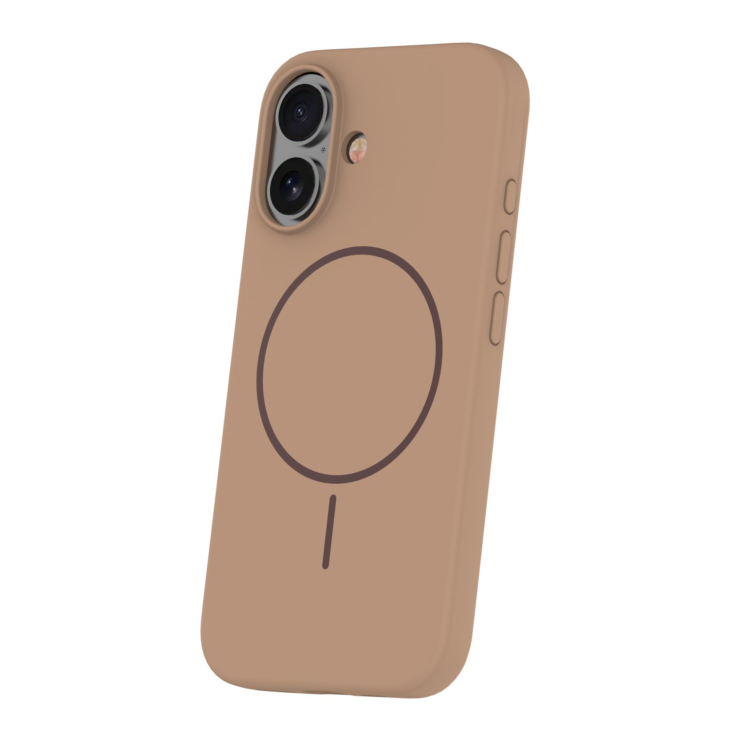 Eine braune Handyhülle mit Kameraausschnitt und einem runden MagSafe-Symbol auf der Rückseite.