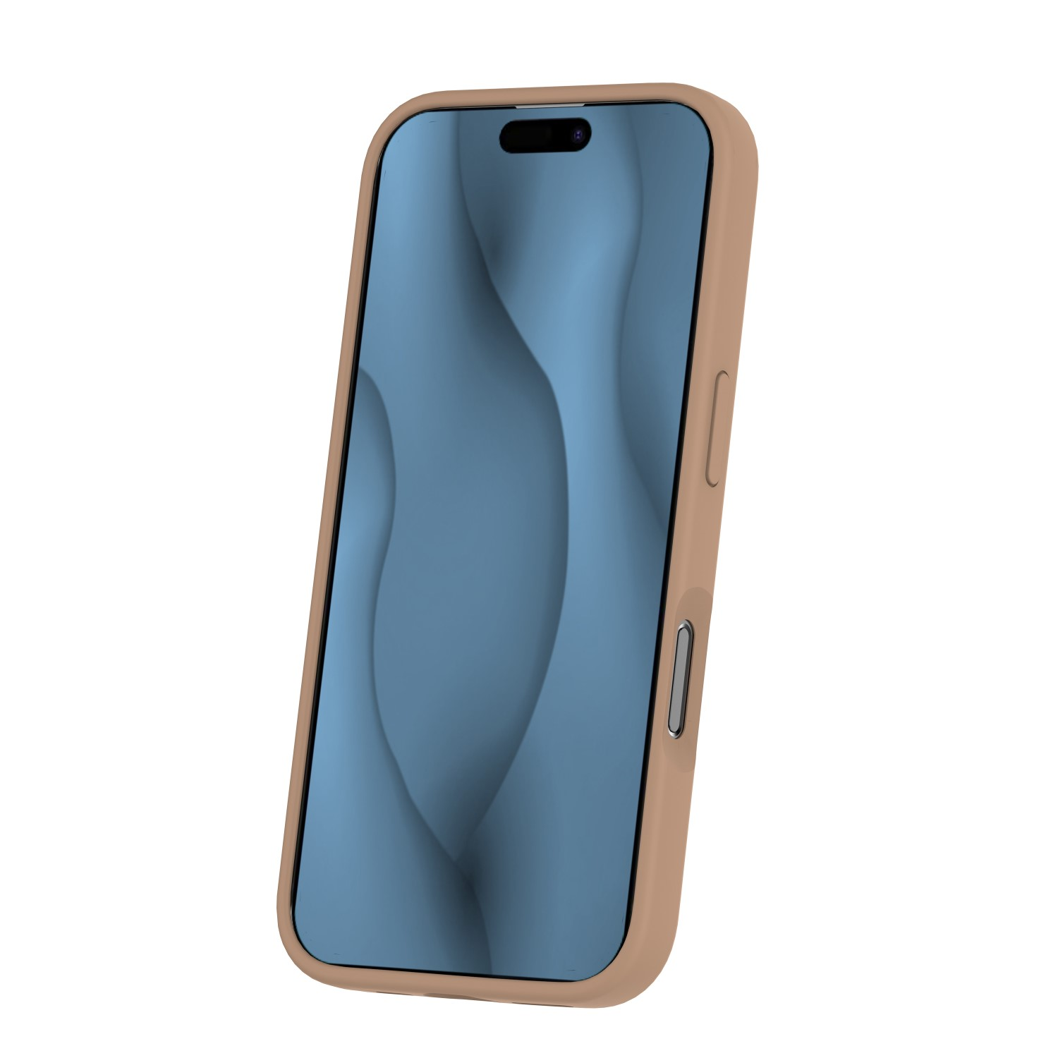 Ein Smartphone in einer hellbraunen Schutzhülle mit blauem abstrakten Hintergrundbild.