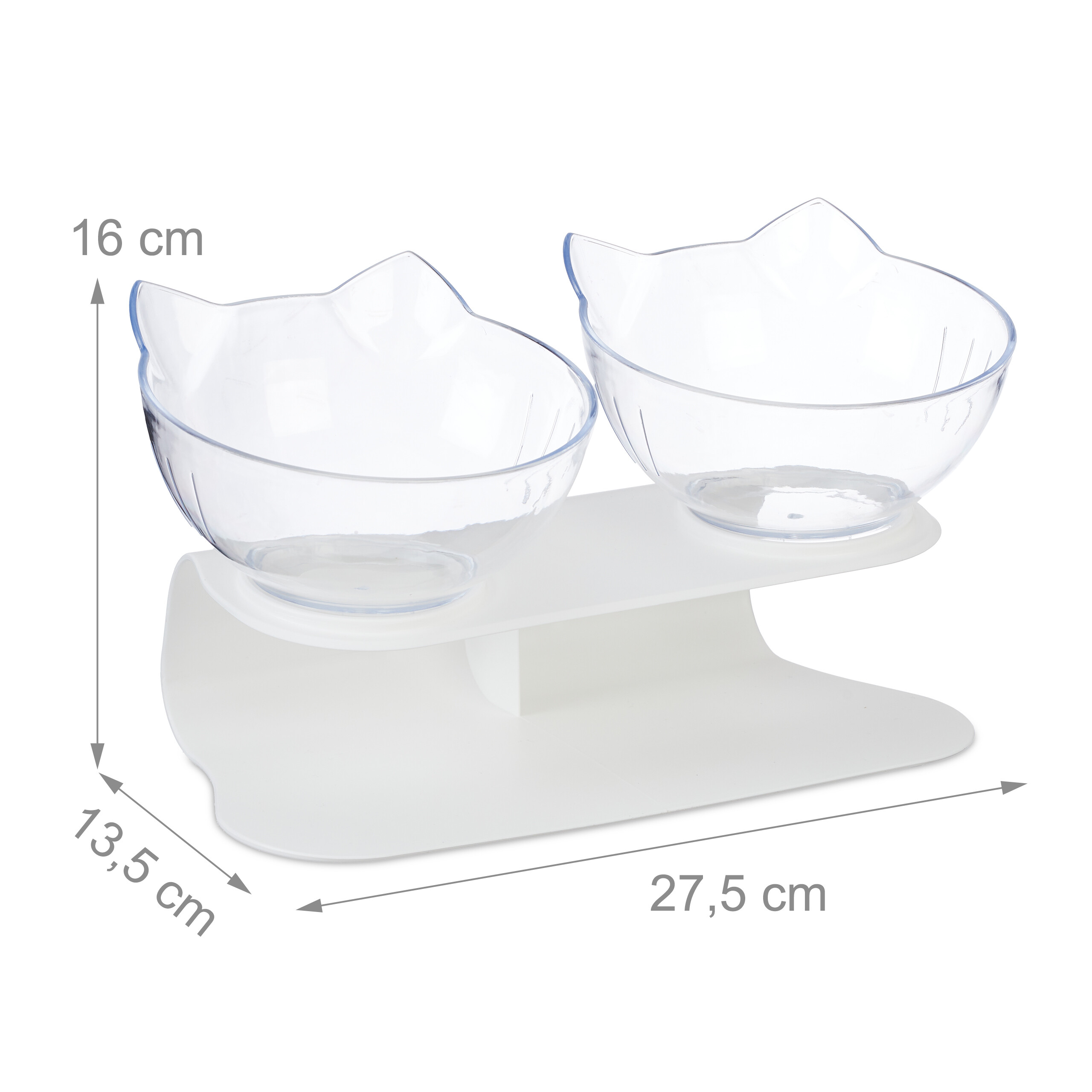 Doppelter Katzennapf aus transparentem Plastik auf weißem Ständer mit Maßangaben.