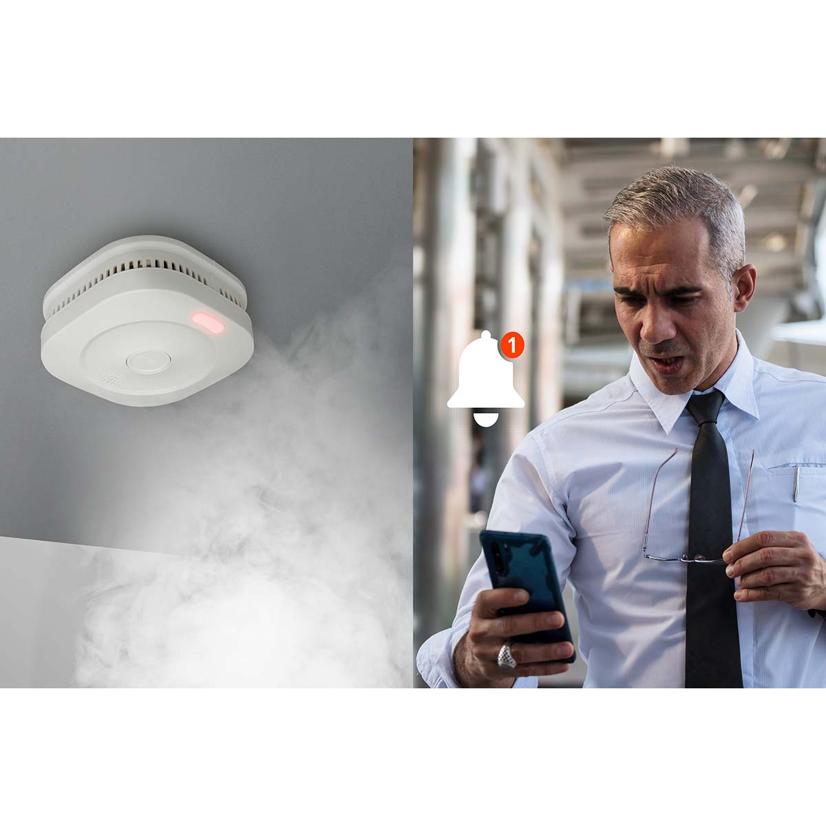 Besorgter Mann sieht Rauchmelderalarm auf Smartphone.