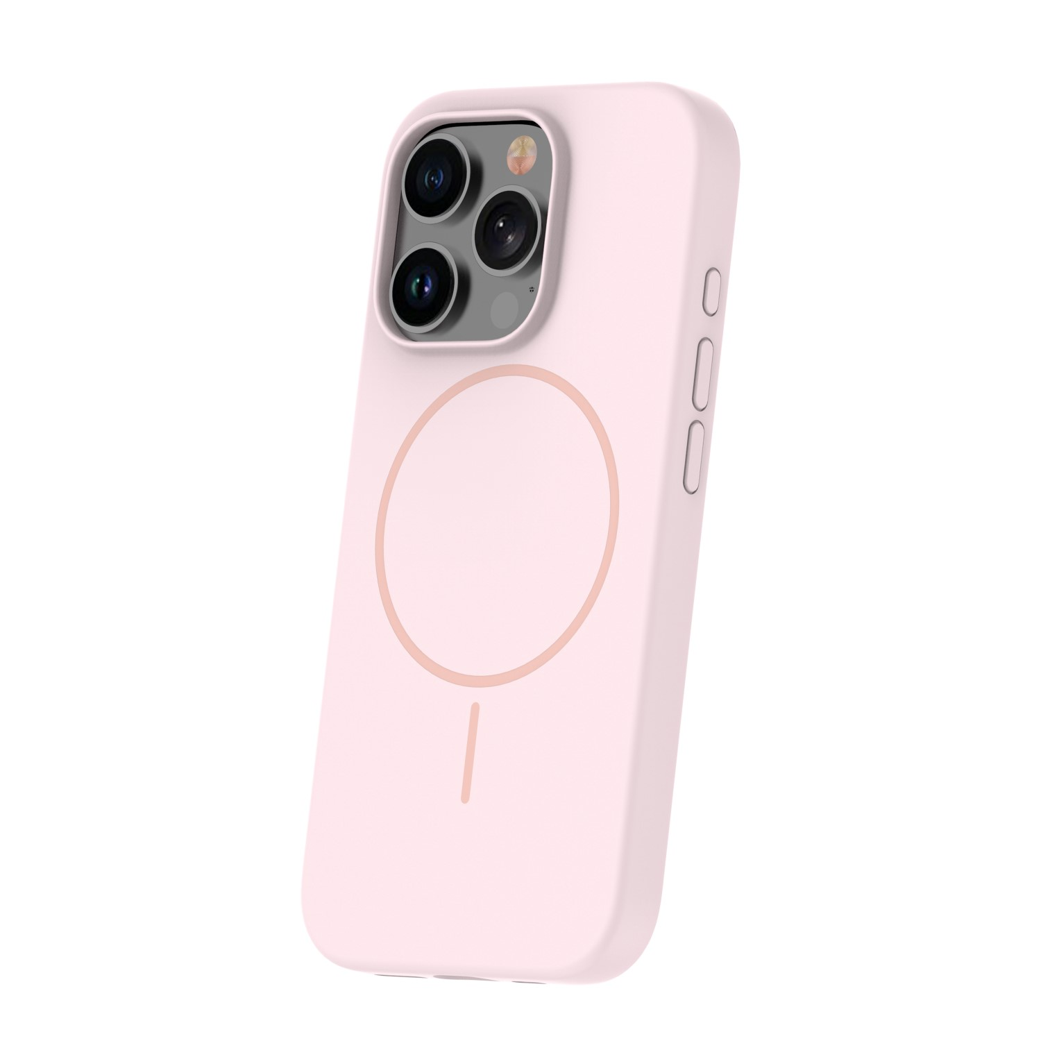 Rosa Smartphone-Hülle mit MagSafe-Ring und Kameraausschnitt auf weißem Hintergrund.