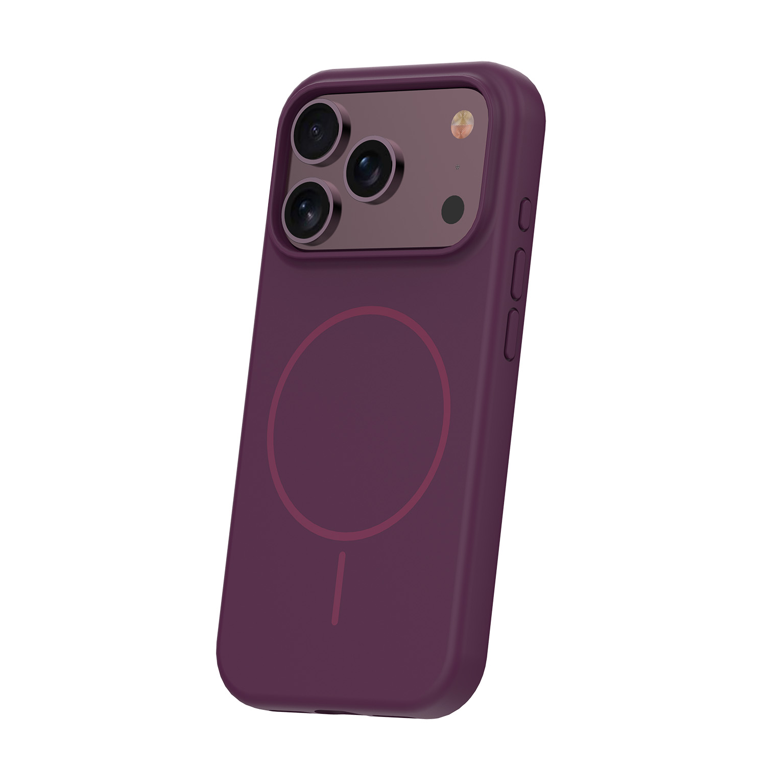 Ein dunkelviolettes Smartphone mit dreifacher Kamera und kreisörmigem MagSafe-Symbol auf der Rückseite vor weißem Hintergrund.