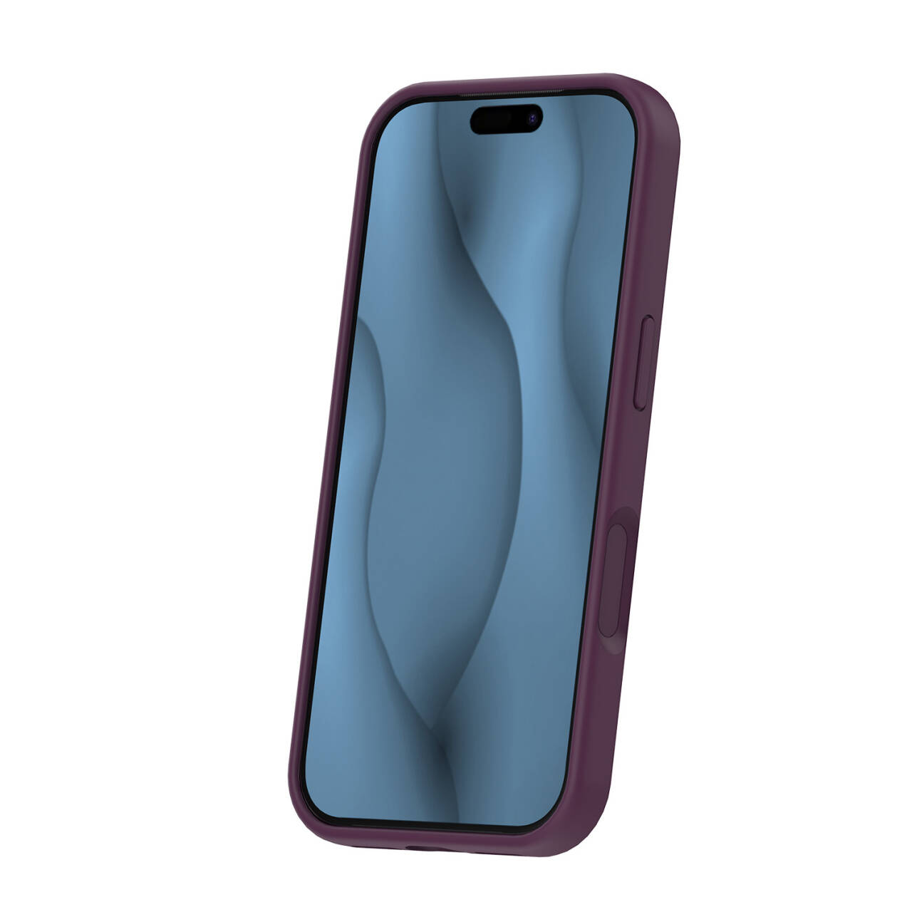 Ein violettes Smartphone mit blauem Hintergrundbild steht auf weißem Grund.