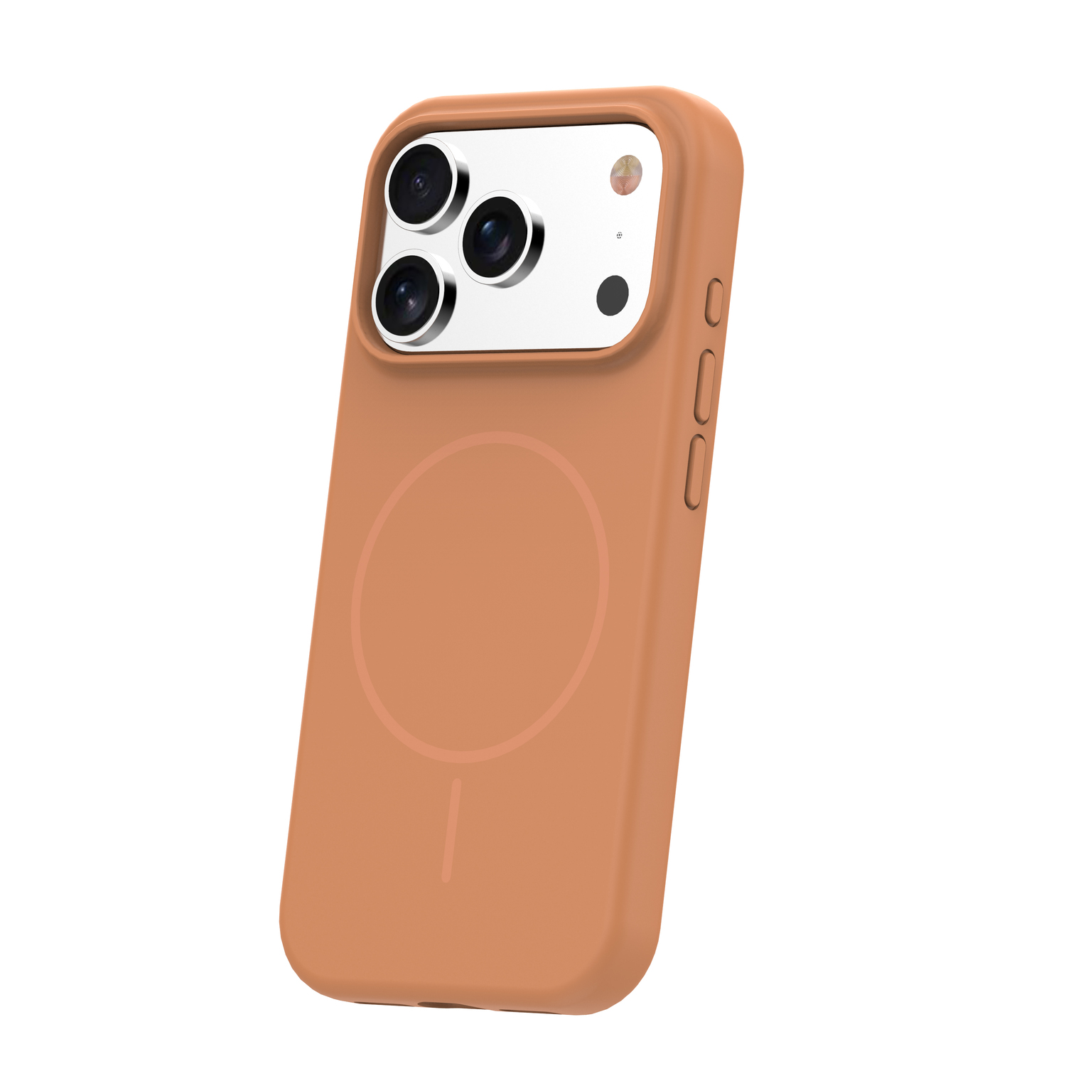 Ein Smartphone mit einer orangen Schutzhülle steht auf einem weißen Hintergrund und zeigt die Rückkamera.