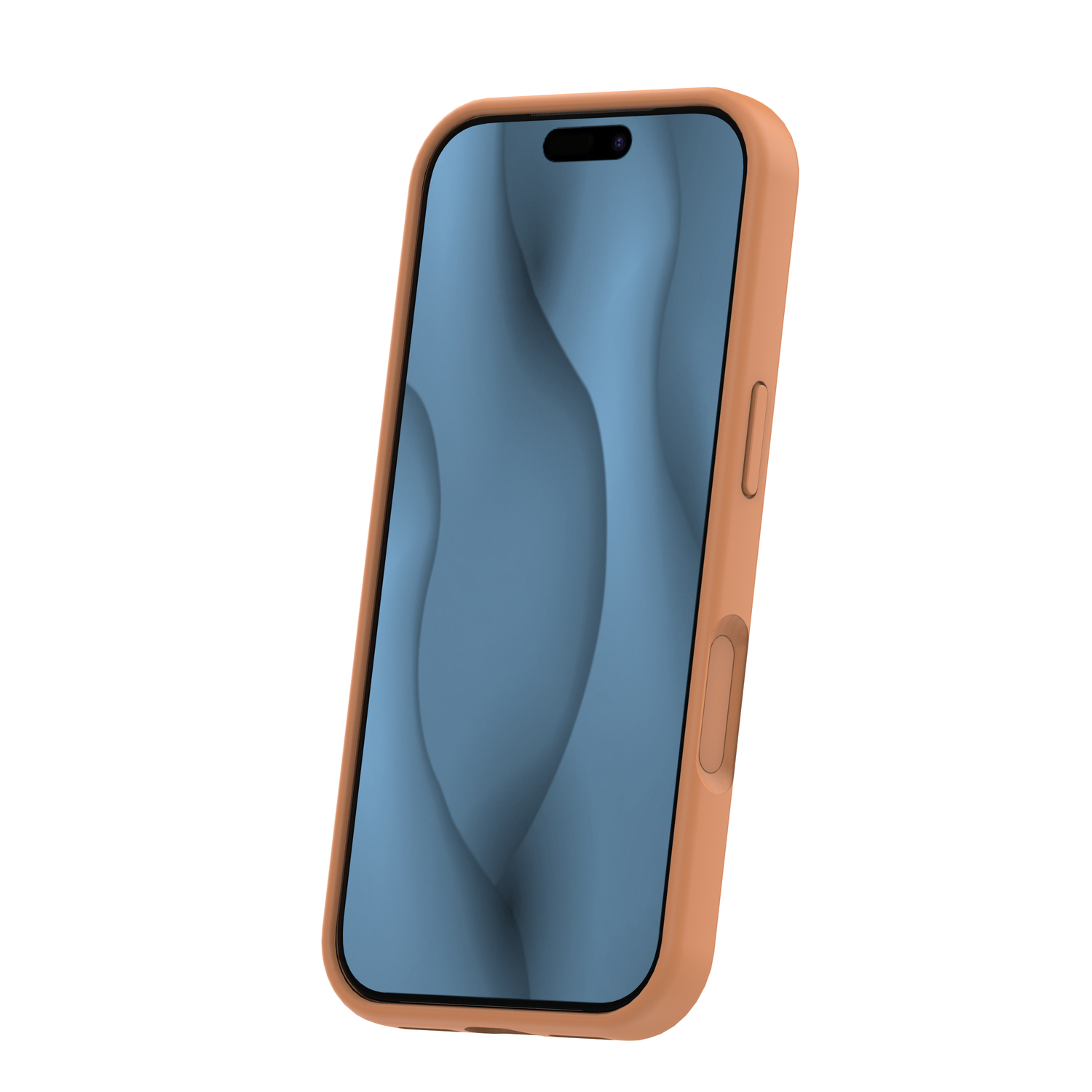 Ein Smartphone mit orangefarbener Hülle und blauem, gewelltem Hintergrund auf weißem Grund.