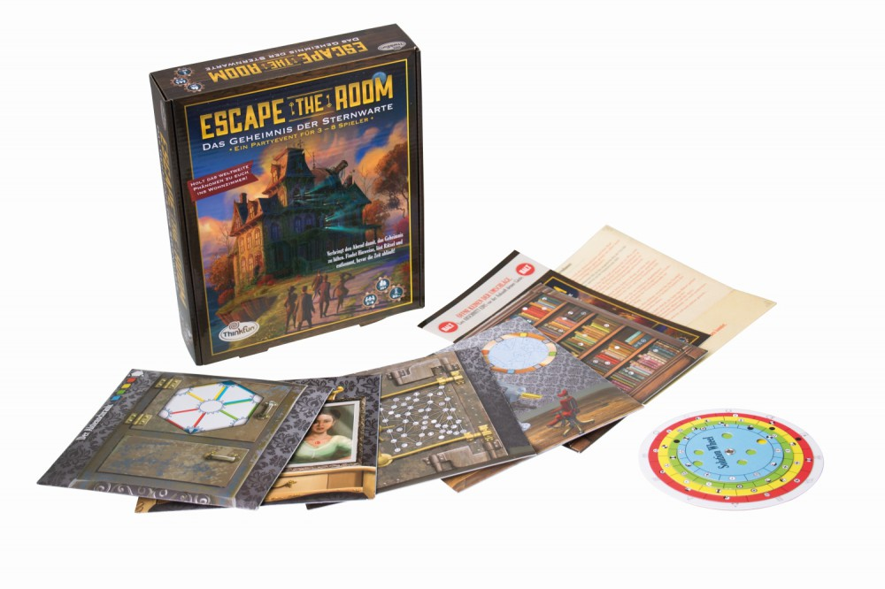 Das Escape The Room Brettspiel mit Schachtel, Spielkarten, Rätselblättern und einer kreisförmigen Drehscheibe.