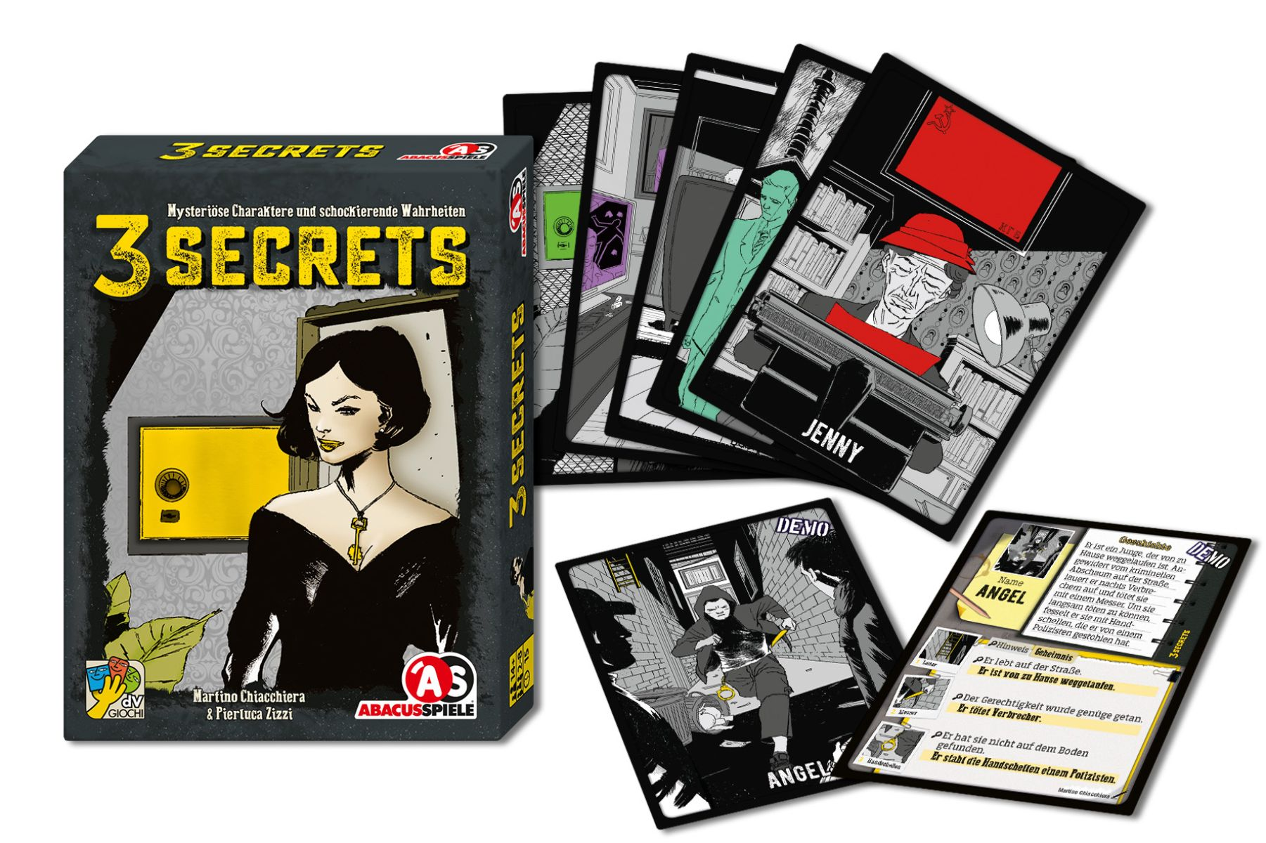 Das Brettspiel 3 Secrets mit Box und Karten, die Schwarz-Weiß-Illustrationen und rote Akzente zeigen.