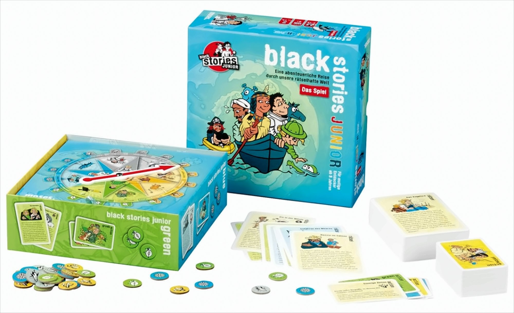 Das Brettspiel Black Stories Junior mit Schachtel, Karten und bunten Spielmarken.