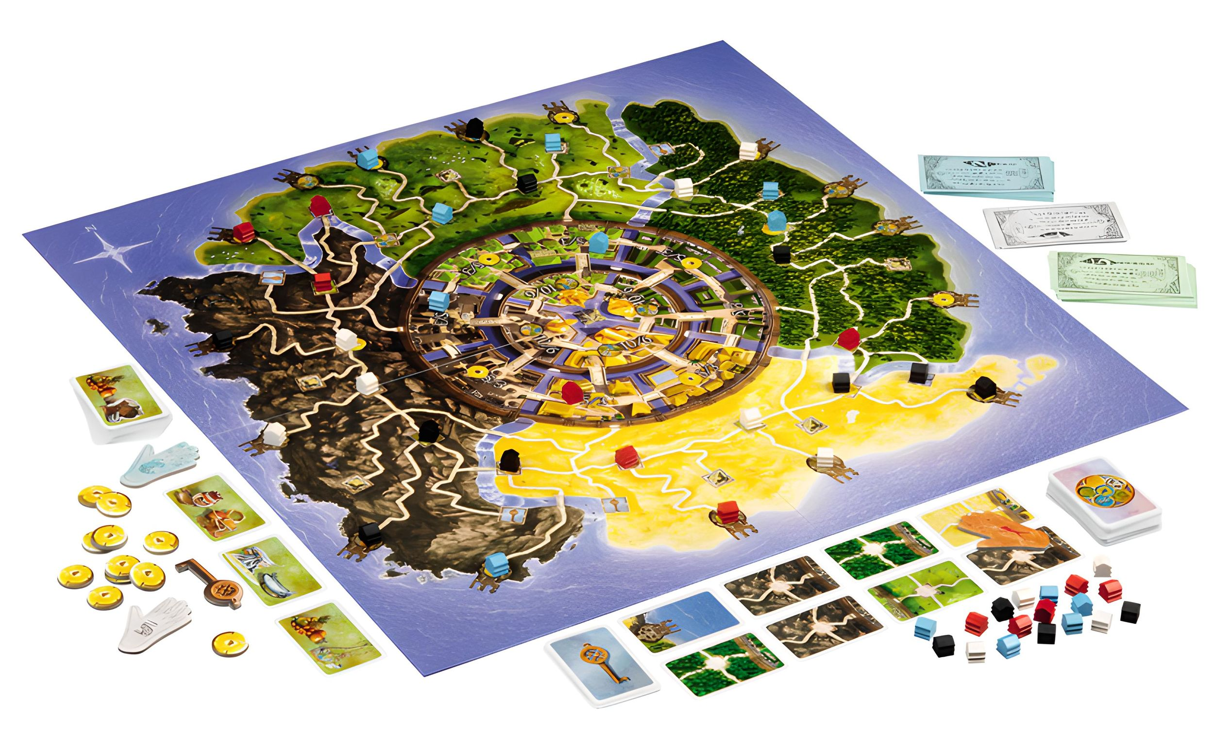 Ein buntes Brettspiel auf einer weißen Oberfläche mit Karten, Münzen und Spielfiguren.