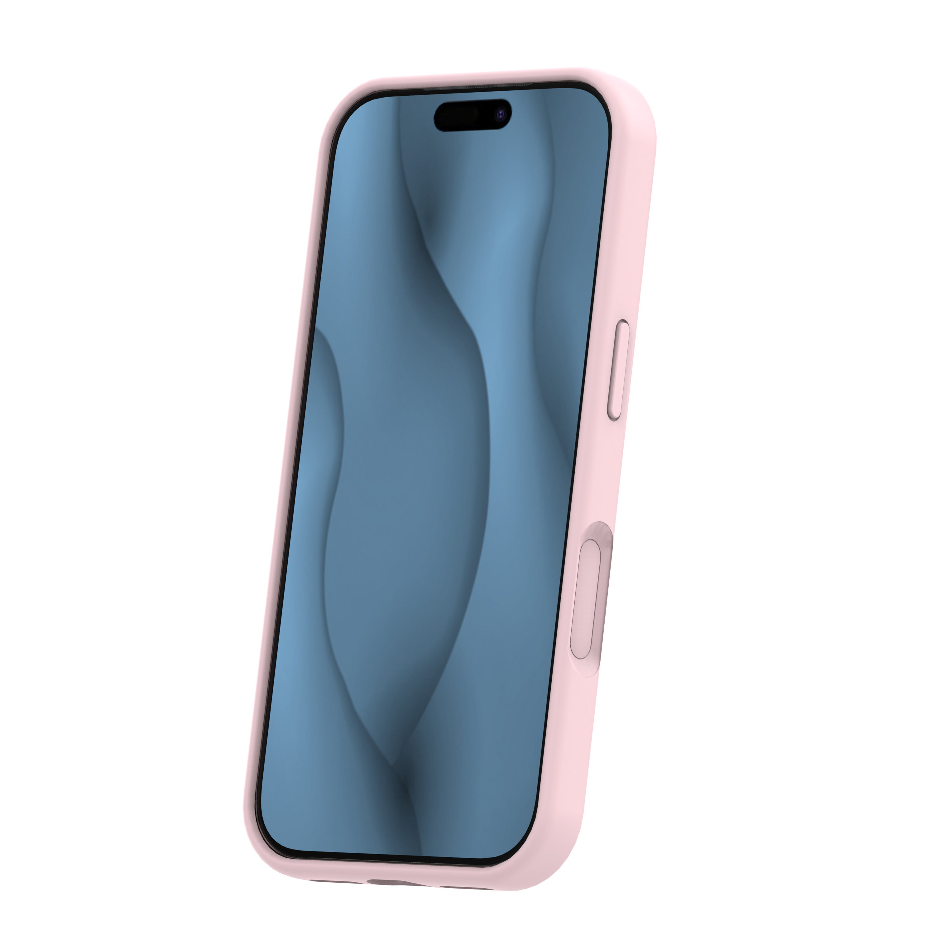 Ein Smartphone mit einer rosa Schutzhülle und einem blauen, wellenförmigen Hintergrund auf dem Display.