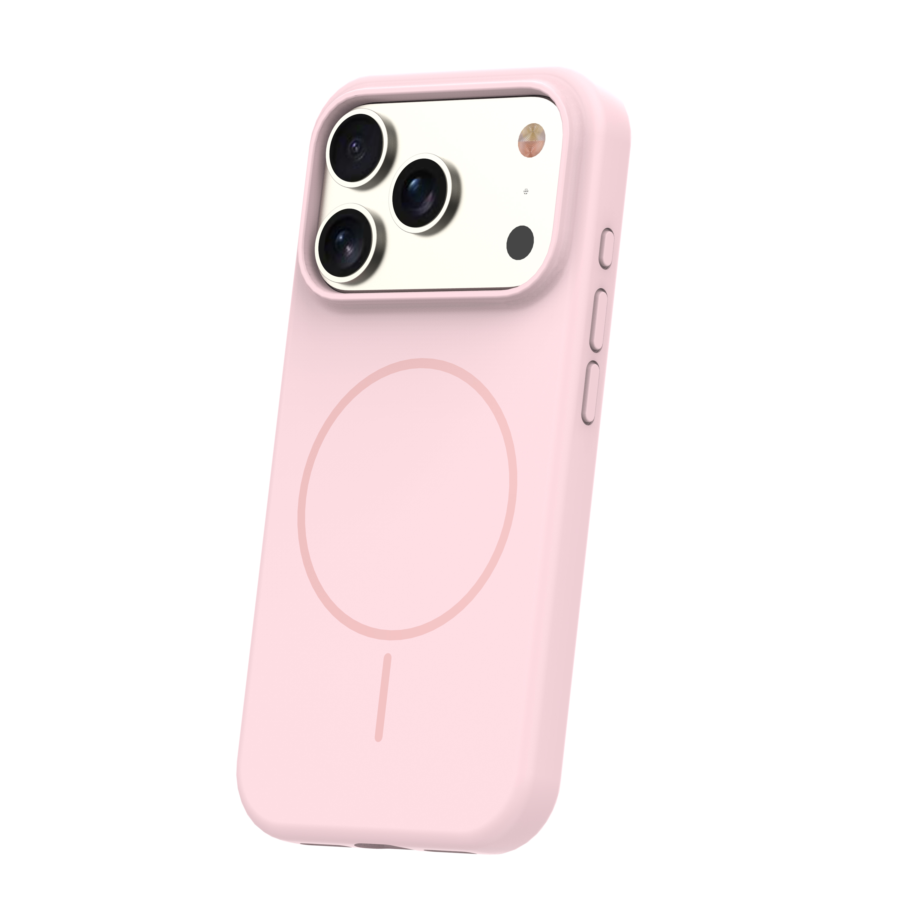 Ein sanftrosa Smartphone in einer passenden Schutzhülle mit einer dreifachen Kamera auf der Rückseite.