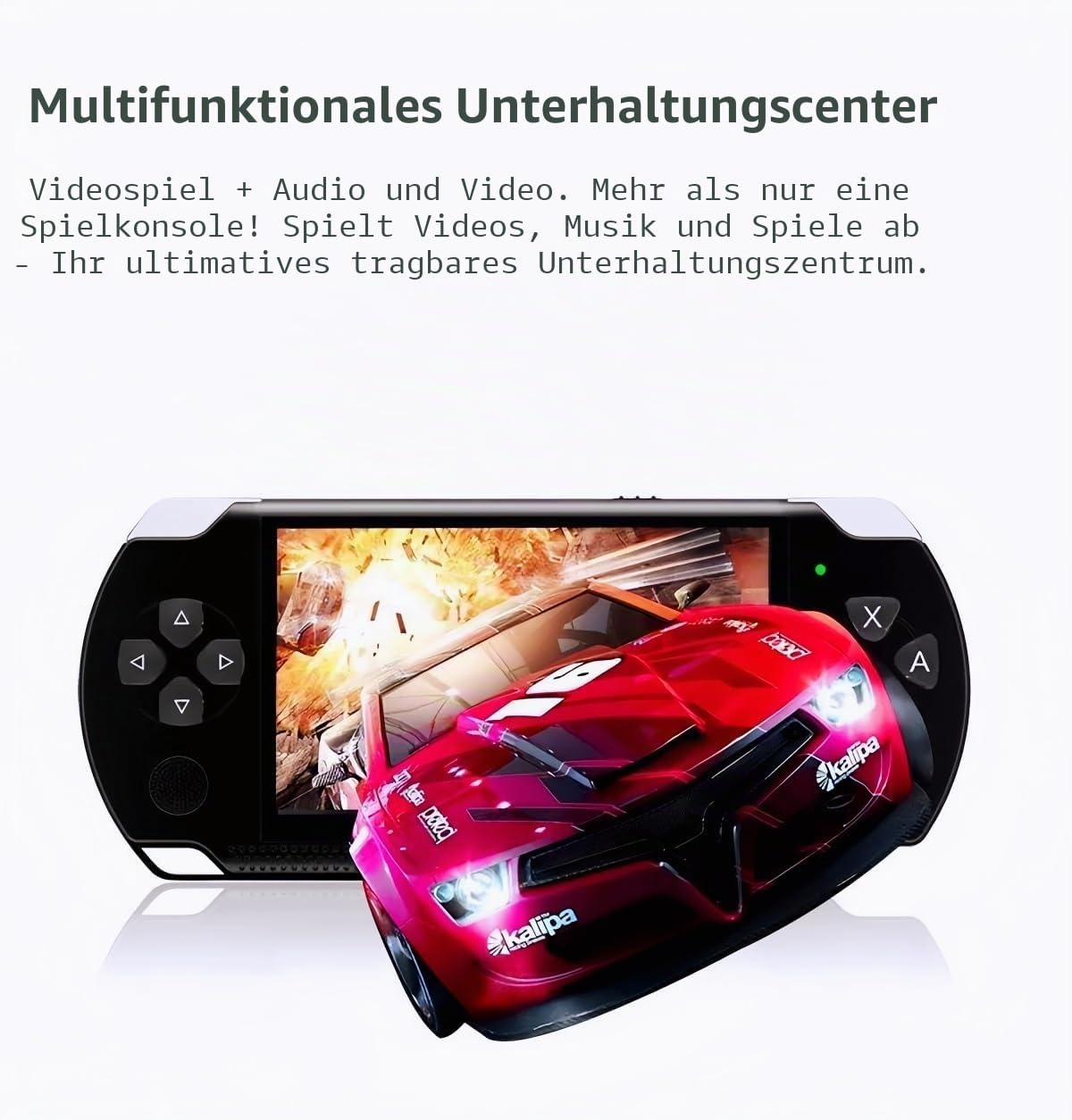 Eine schwarze mobile Spielkonsole mit einem roten Rennspiel auf dem Bildschirm und deutschem Werbetext oben.