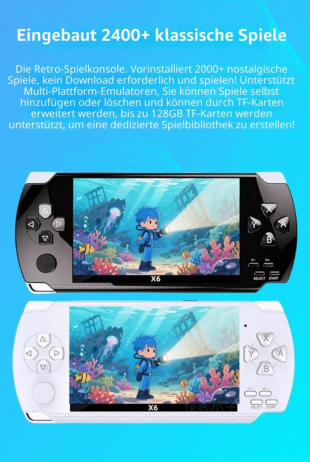 Zwei X6 Handheld-Konsolen in Schwarz und Weiß mit einem Bild von einem Jungen unter Wasser.