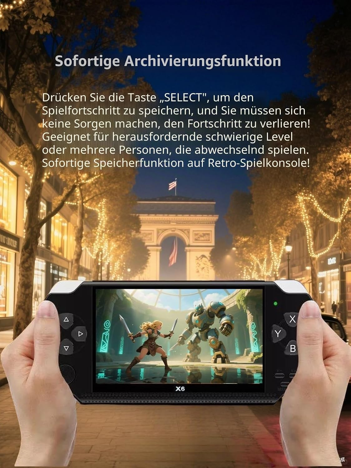 Haende halten eine tragbare Retro-Spielkonsole vor einer abendlichen Stadtkulisse.