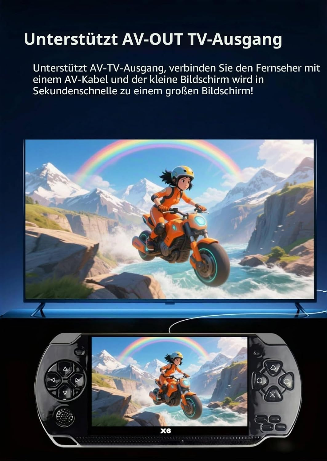 Eine Handheld-Konsole verbindet sich mit einem Fernseher und zeigt ein Motorradspiel mit Regenbogen.