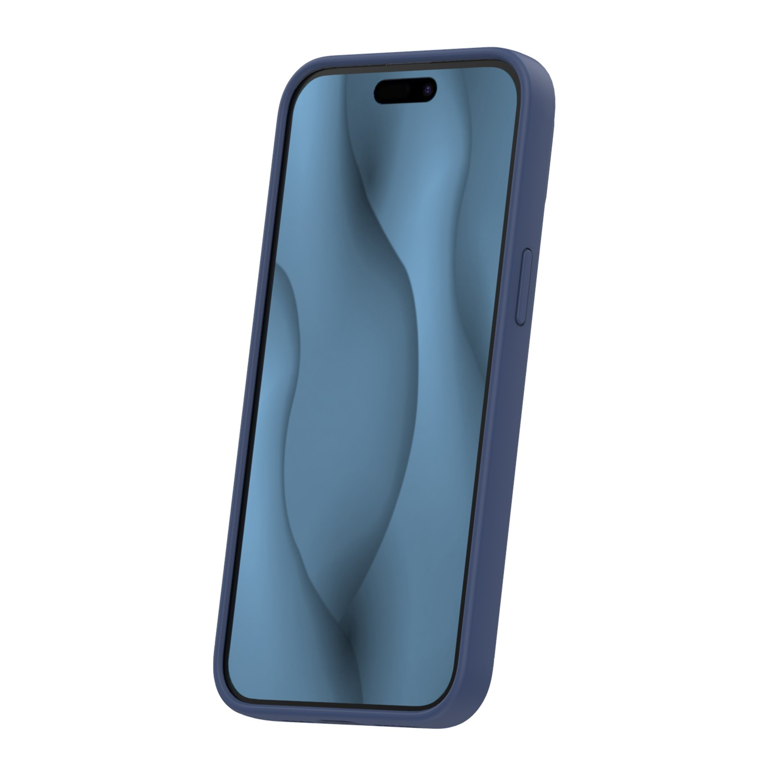 Ein Smartphone in einer dunkelblauen Hülle mit blauer abstrakter Wellen-Tapete steht schräg auf weißem Hintergrund.