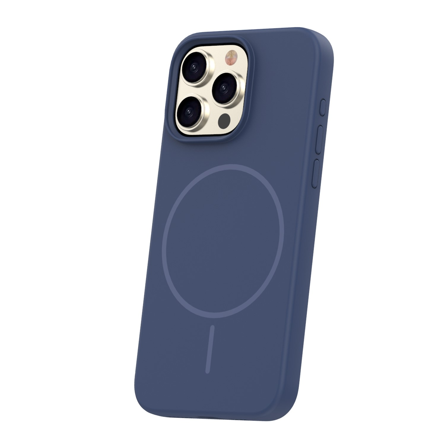 Eine blaue Smartphone-Hülle mit MagSafe-Ring auf der Rückseite und Kamera-Aussparung vor weißem Hintergrund.